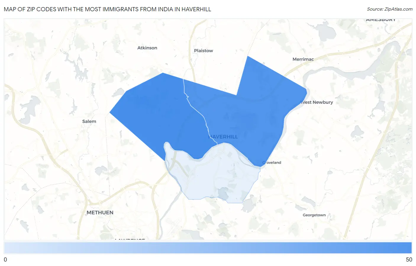 Zip Codes with the Most Immigrants from India in Haverhill Map