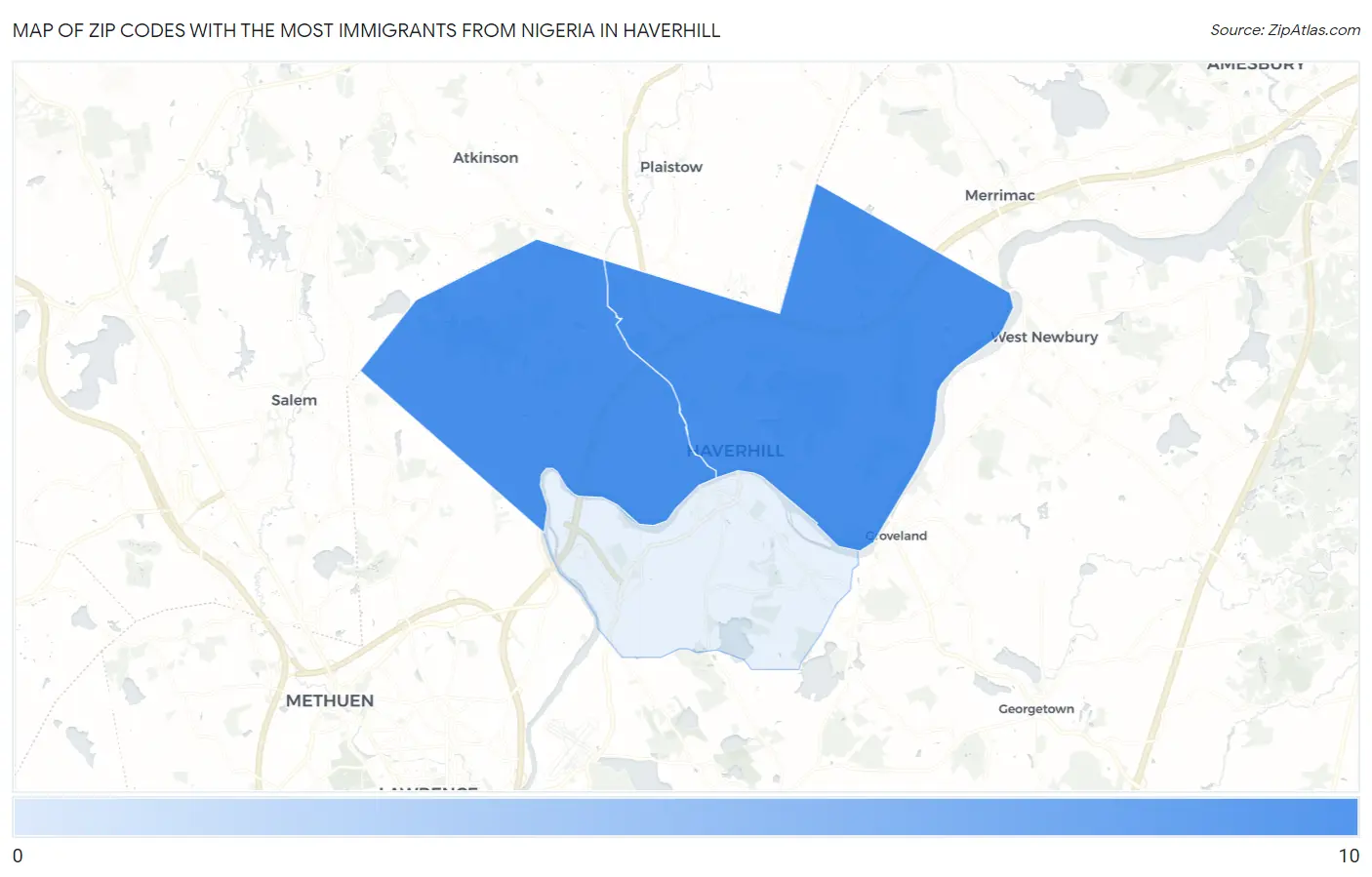 Zip Codes with the Most Immigrants from Nigeria in Haverhill Map