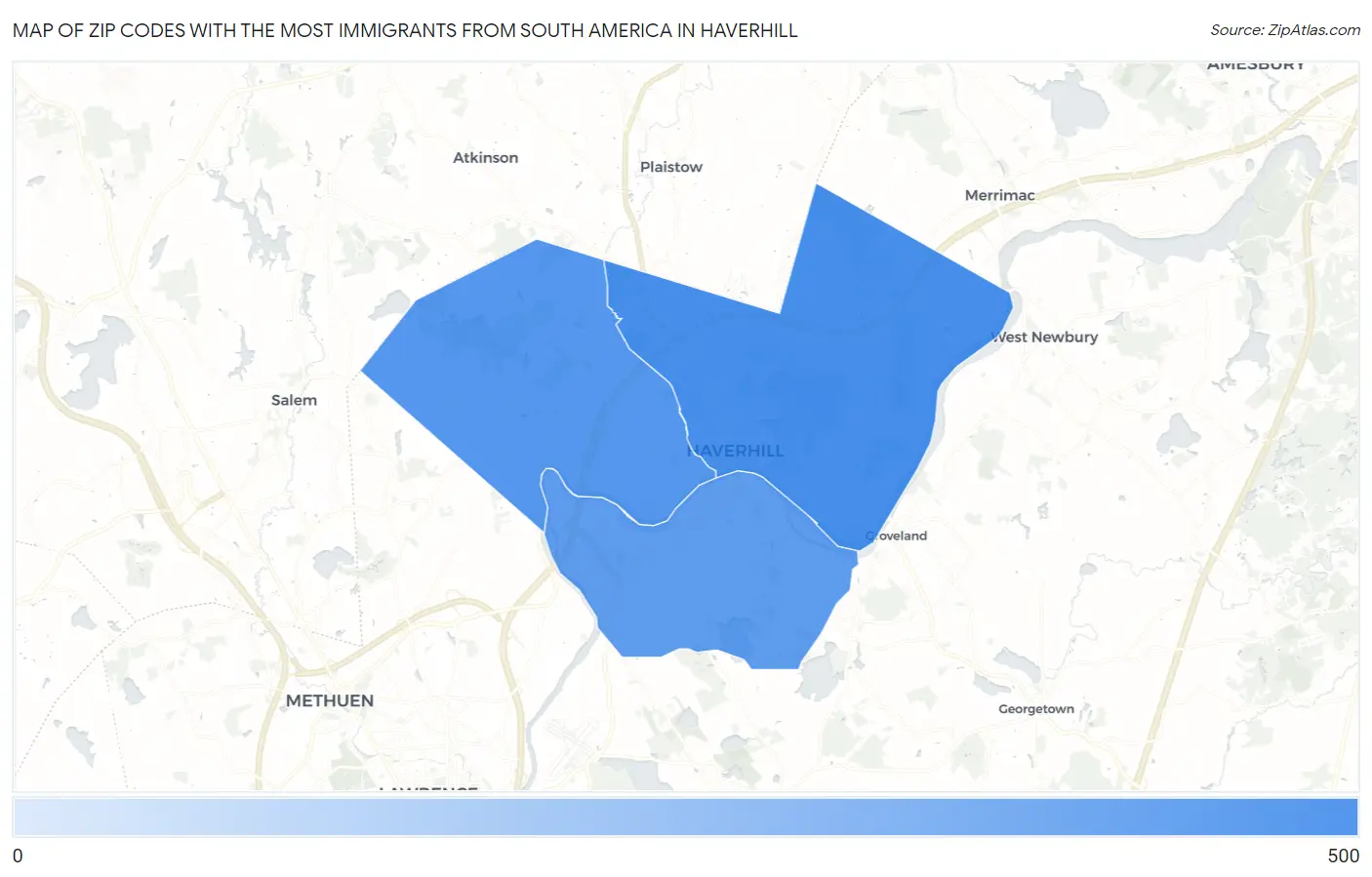 Zip Codes with the Most Immigrants from South America in Haverhill Map