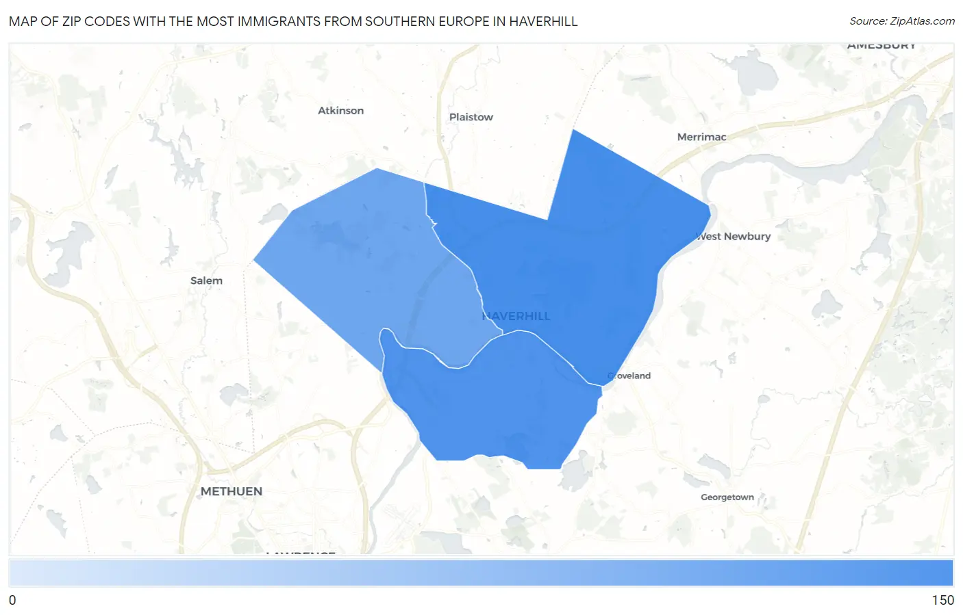 Zip Codes with the Most Immigrants from Southern Europe in Haverhill Map