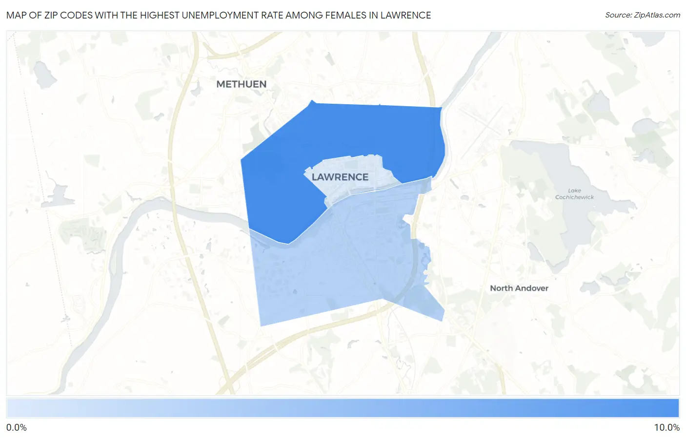 Zip Codes with the Highest Unemployment Rate Among Females in Lawrence Map
