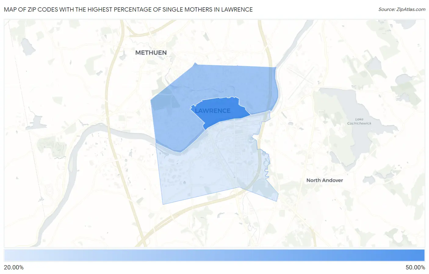 Zip Codes with the Highest Percentage of Single Mothers in Lawrence Map