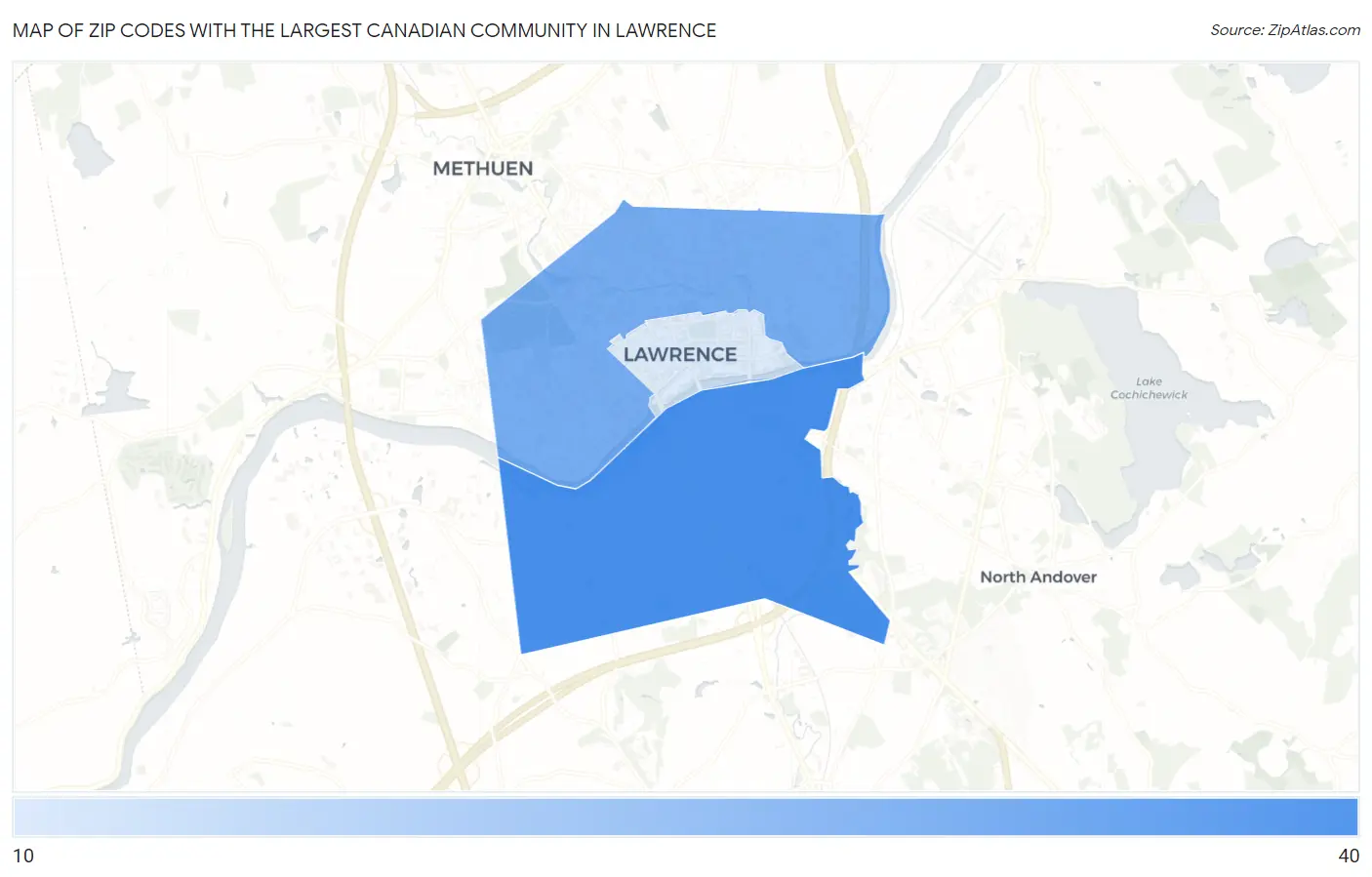 Zip Codes with the Largest Canadian Community in Lawrence Map