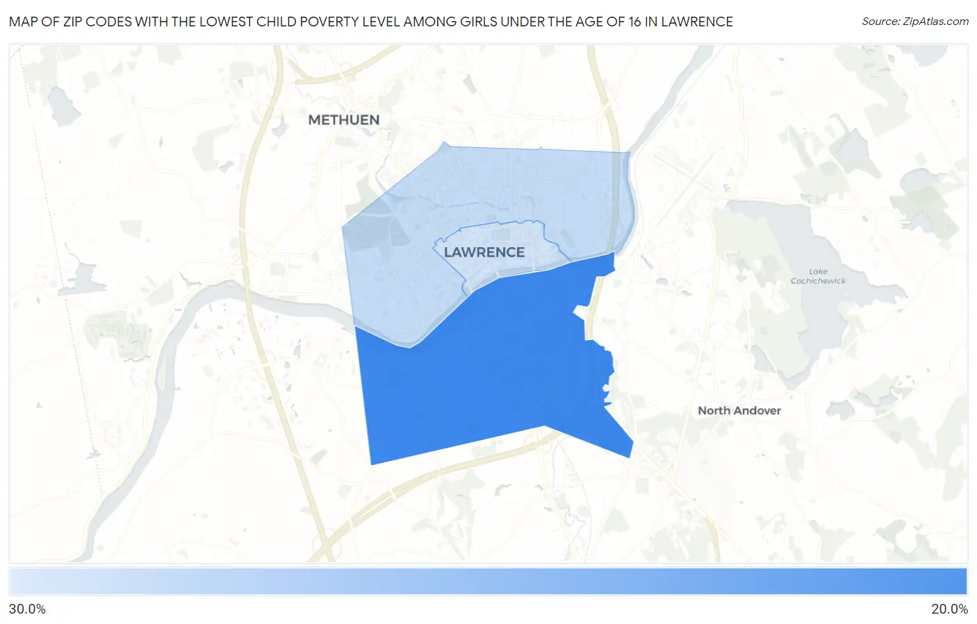 Zip Codes with the Lowest Child Poverty Level Among Girls Under the Age of 16 in Lawrence Map