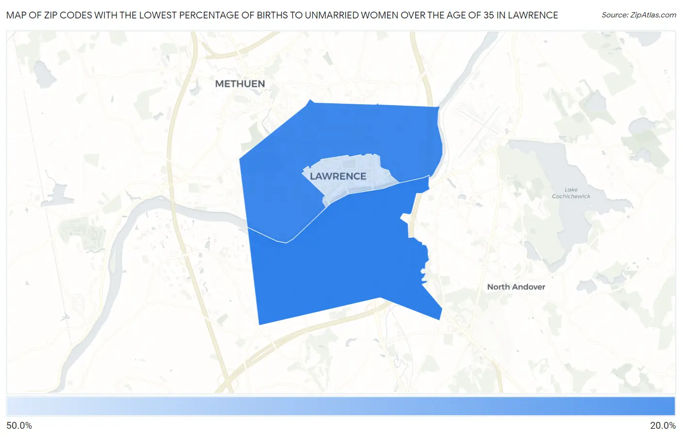Zip Codes with the Lowest Percentage of Births to Unmarried Women over the Age of 35 in Lawrence Map
