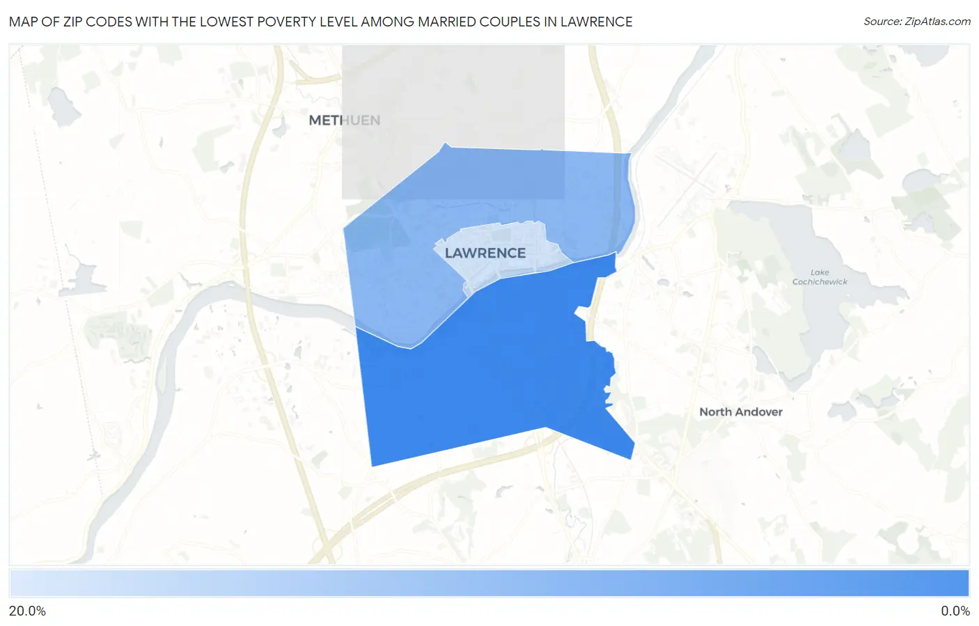 Zip Codes with the Lowest Poverty Level Among Married Couples in Lawrence Map