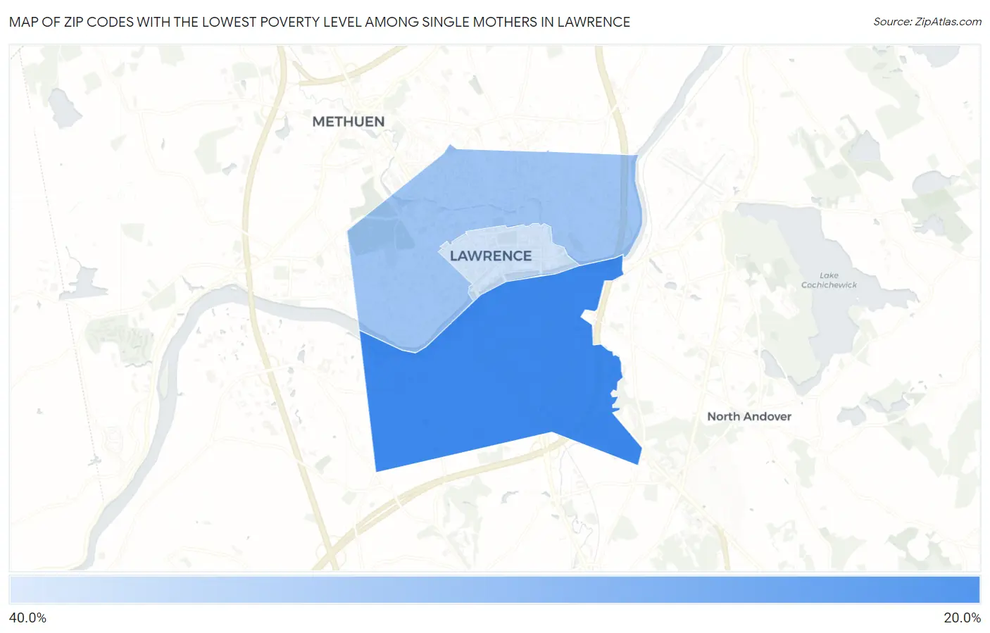 Zip Codes with the Lowest Poverty Level Among Single Mothers in Lawrence Map