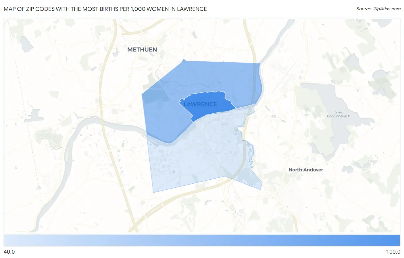 Zip Codes with the Most Births per 1,000 Women in Lawrence Map