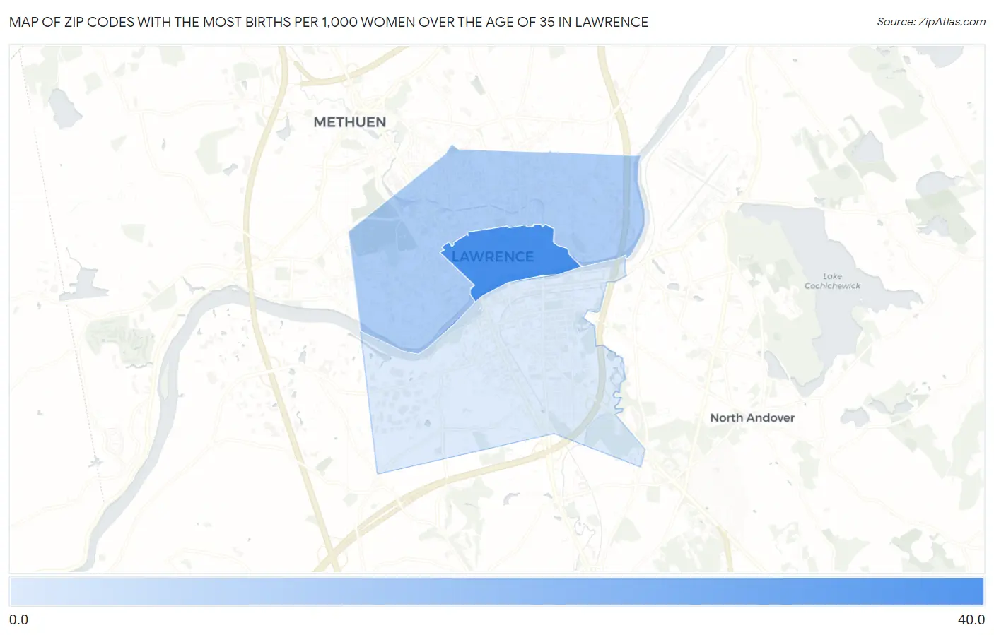 Zip Codes with the Most Births per 1,000 Women Over the Age of 35 in Lawrence Map