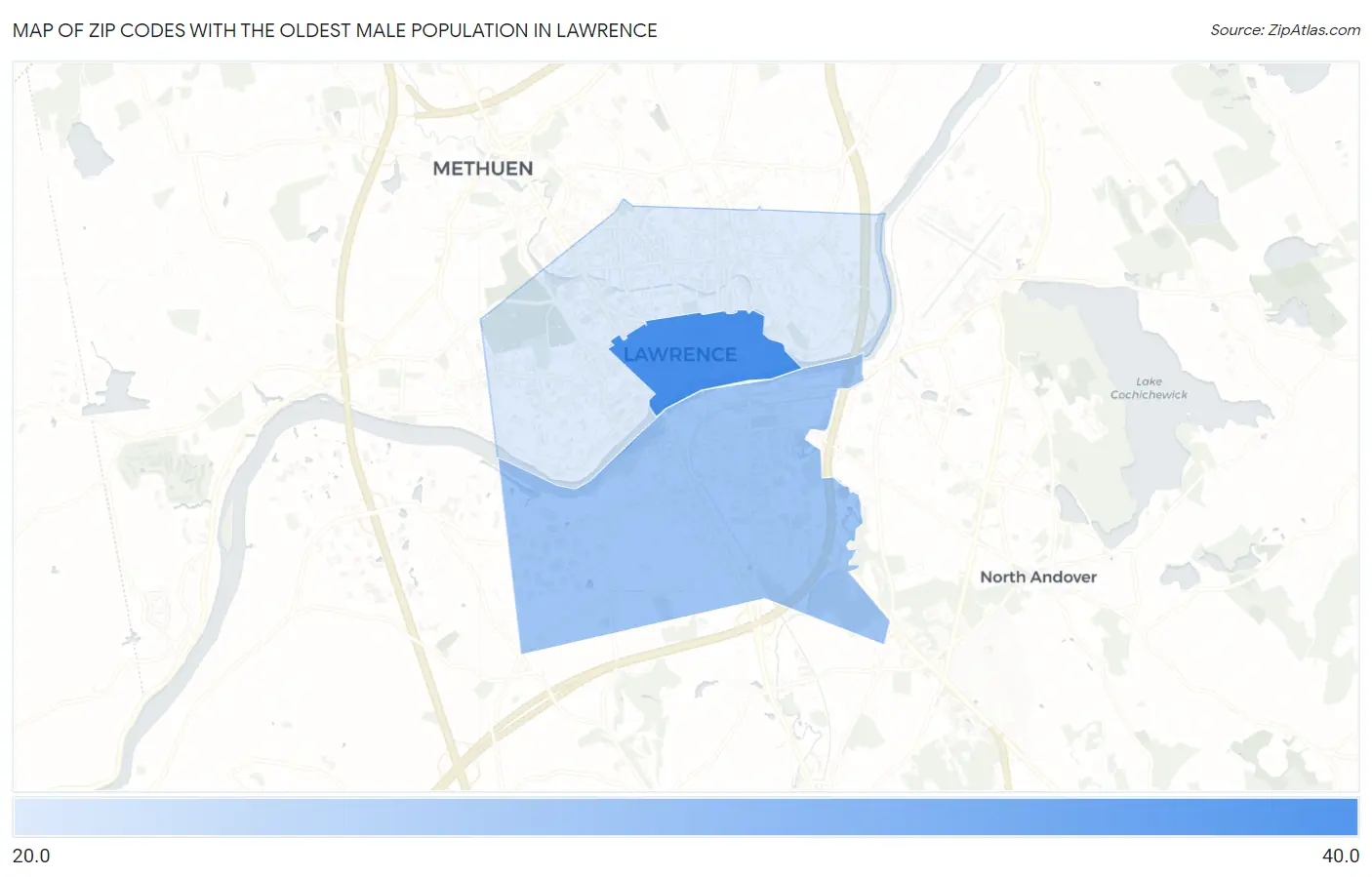 Zip Codes with the Oldest Male Population in Lawrence Map