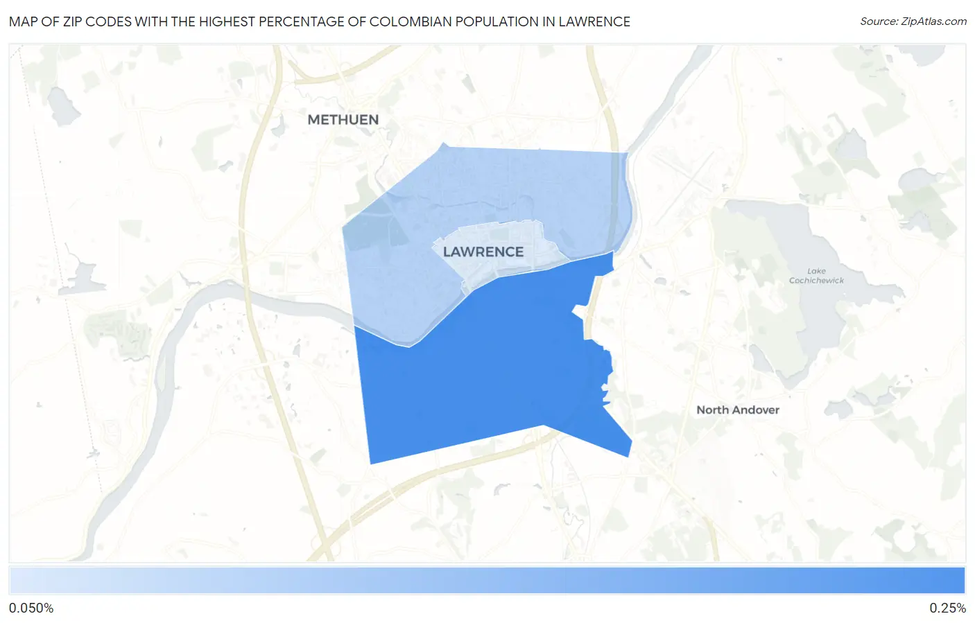 Zip Codes with the Highest Percentage of Colombian Population in Lawrence Map