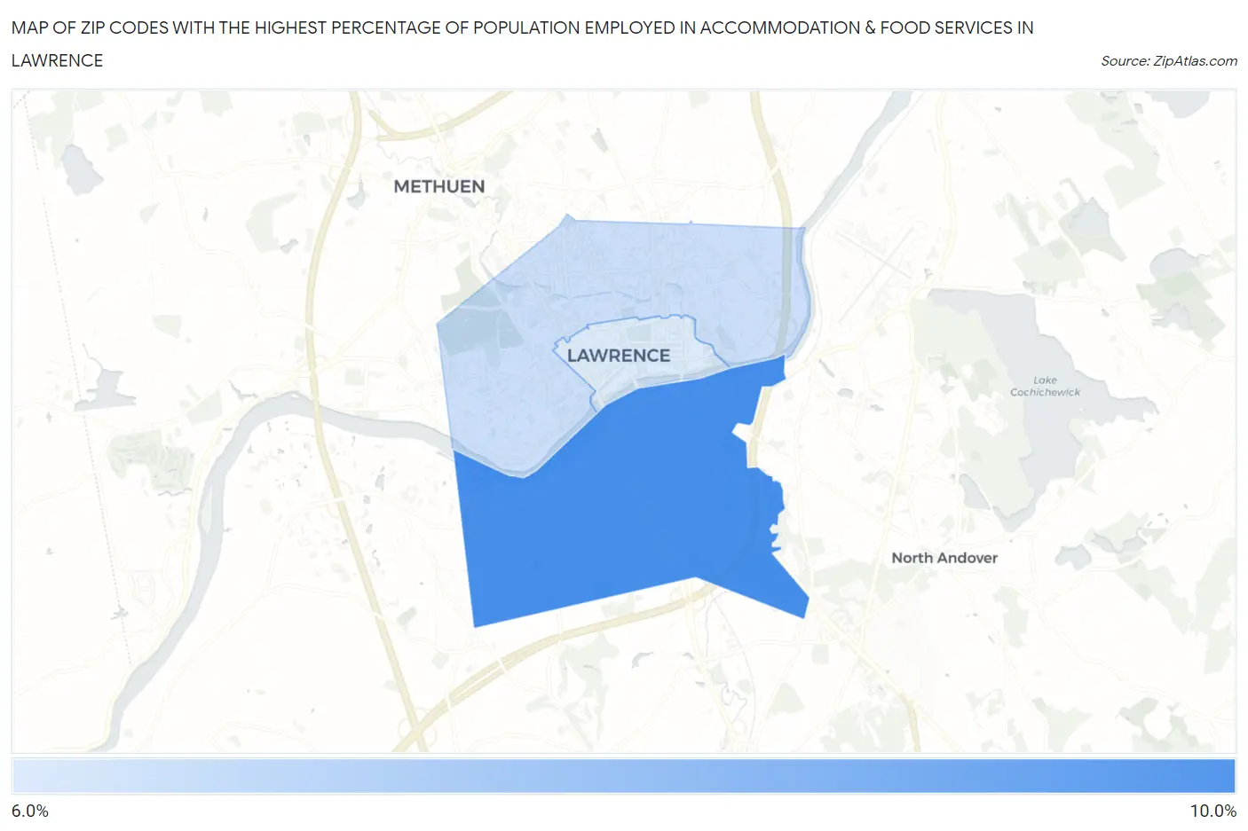 Zip Codes with the Highest Percentage of Population Employed in Accommodation & Food Services in Lawrence Map