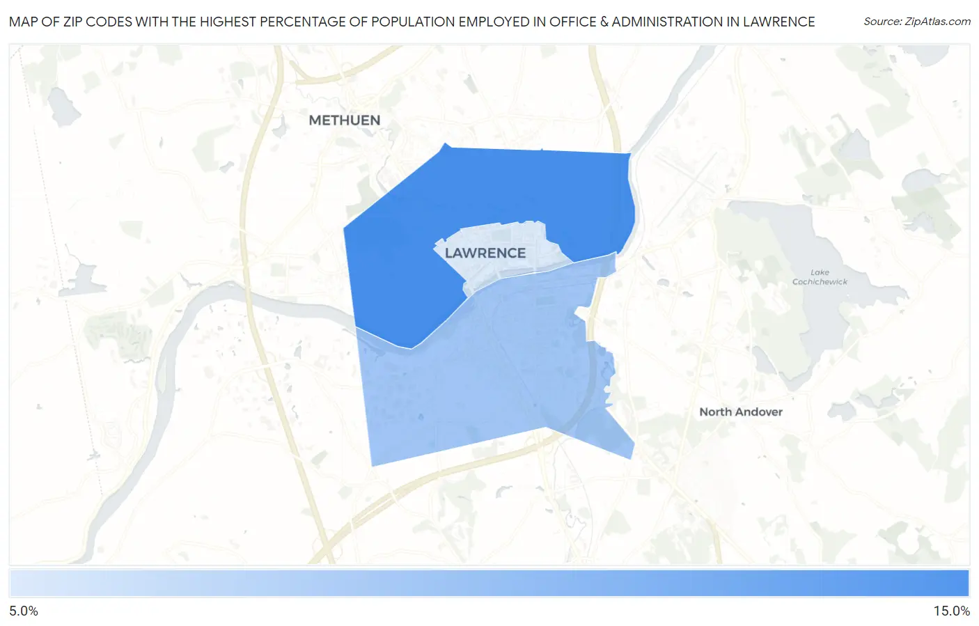 Zip Codes with the Highest Percentage of Population Employed in Office & Administration in Lawrence Map