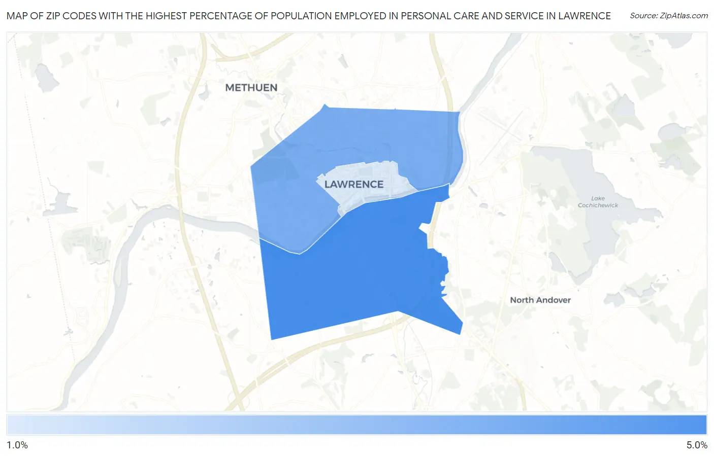 Zip Codes with the Highest Percentage of Population Employed in Personal Care and Service in Lawrence Map