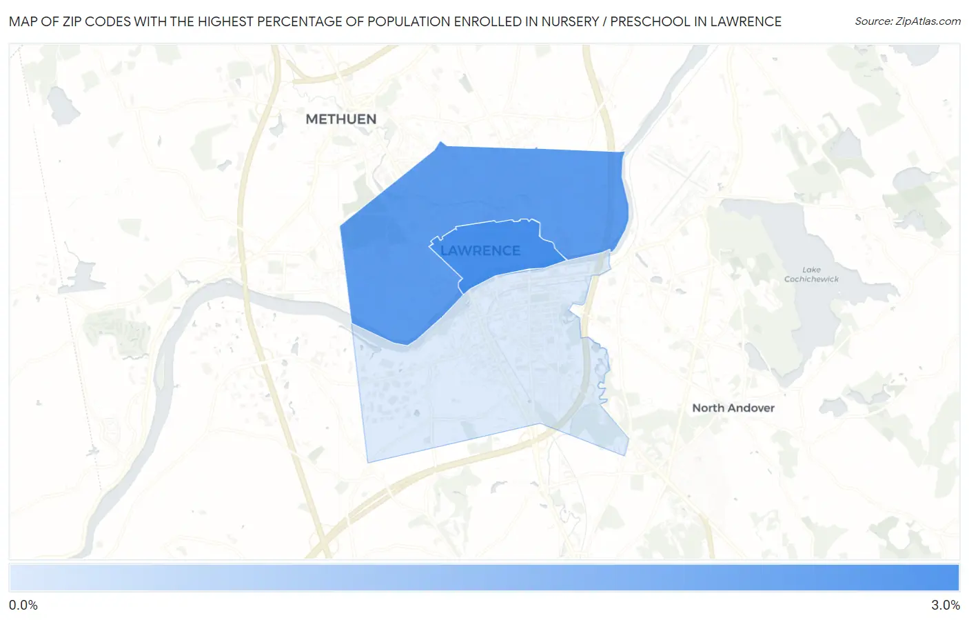 Zip Codes with the Highest Percentage of Population Enrolled in Nursery / Preschool in Lawrence Map