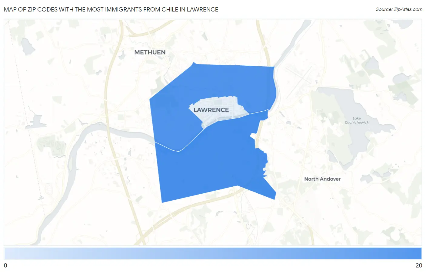 Zip Codes with the Most Immigrants from Chile in Lawrence Map
