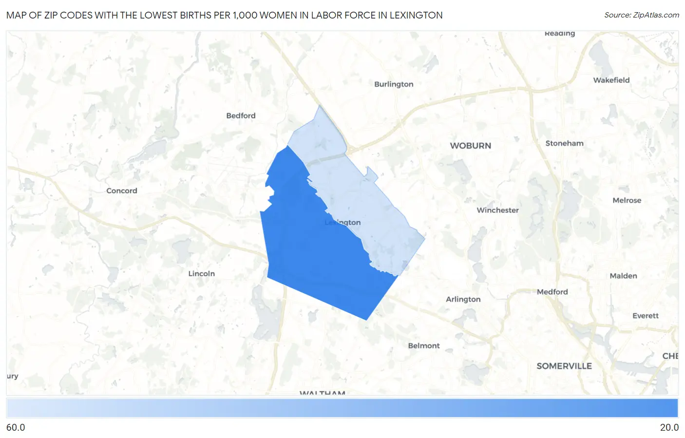 Zip Codes with the Lowest Births per 1,000 Women in Labor Force in Lexington Map