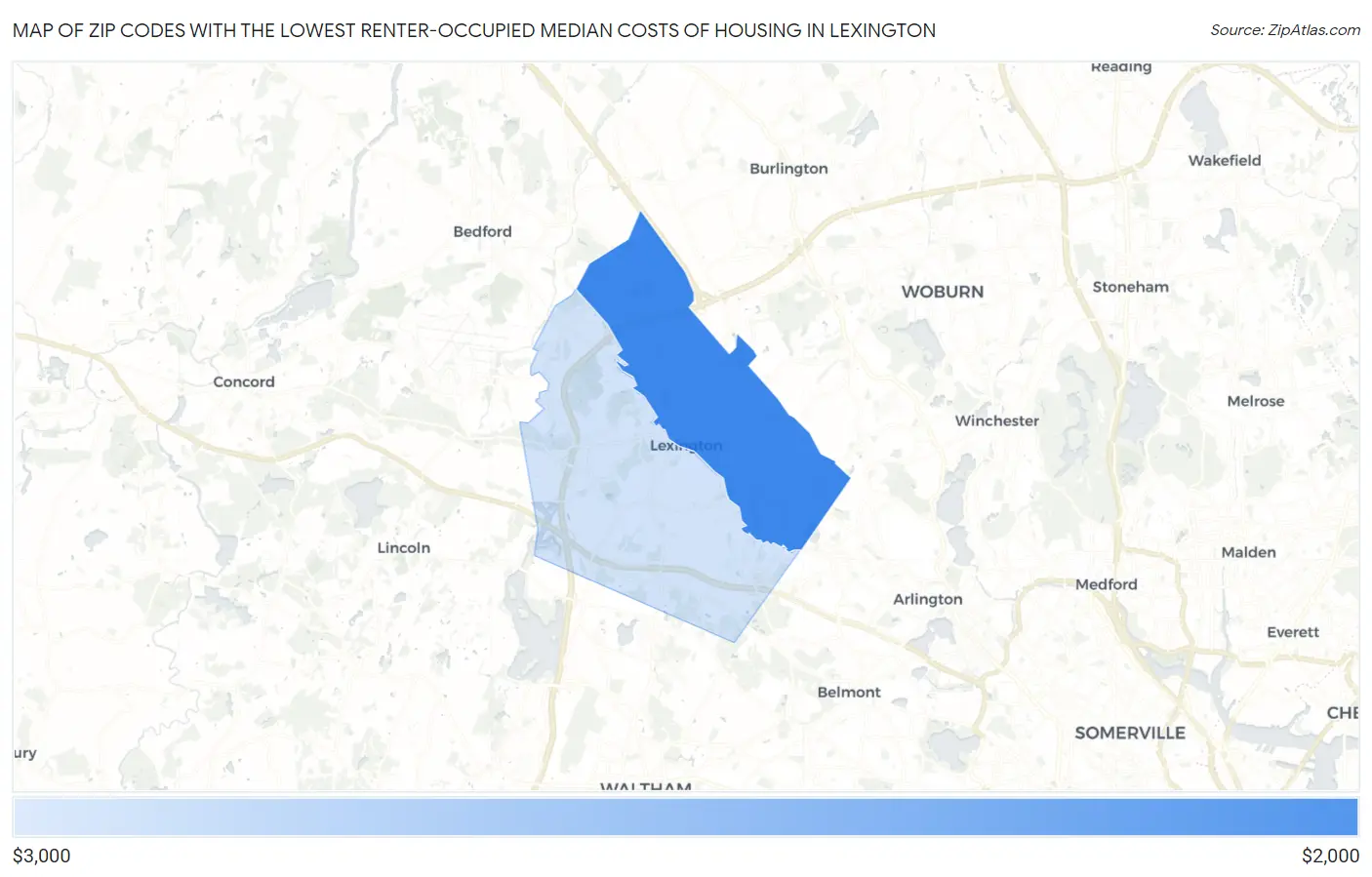 Zip Codes with the Lowest Renter-Occupied Median Costs of Housing in Lexington Map