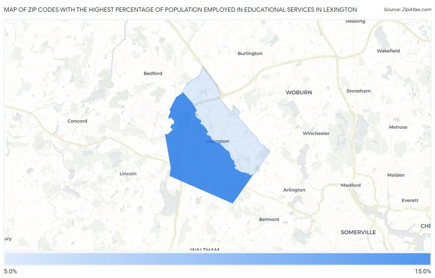 Zip Codes with the Highest Percentage of Population Employed in Educational Services in Lexington Map