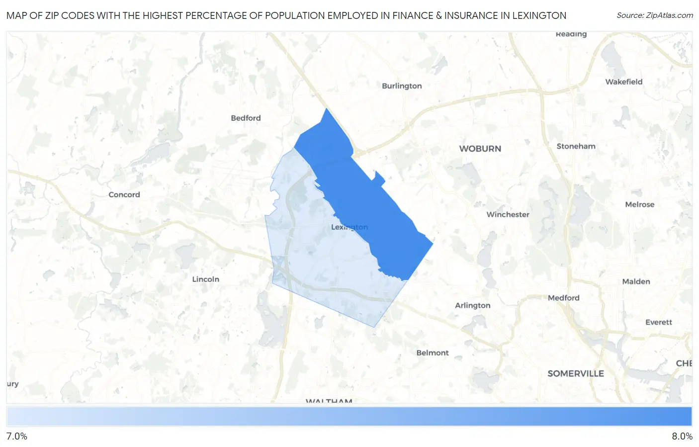 Zip Codes with the Highest Percentage of Population Employed in Finance & Insurance in Lexington Map
