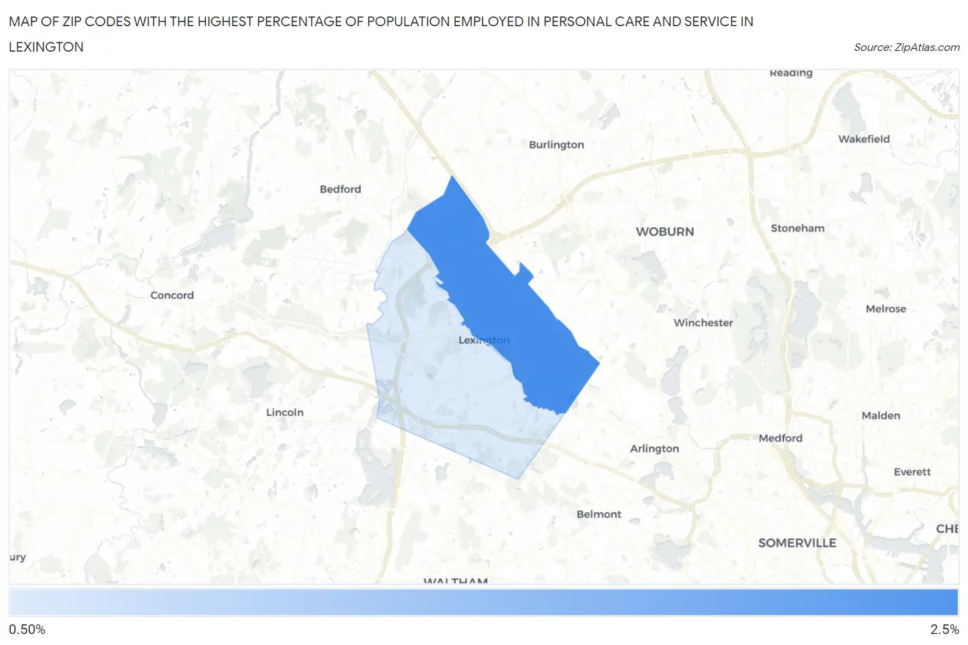 Zip Codes with the Highest Percentage of Population Employed in Personal Care and Service in Lexington Map