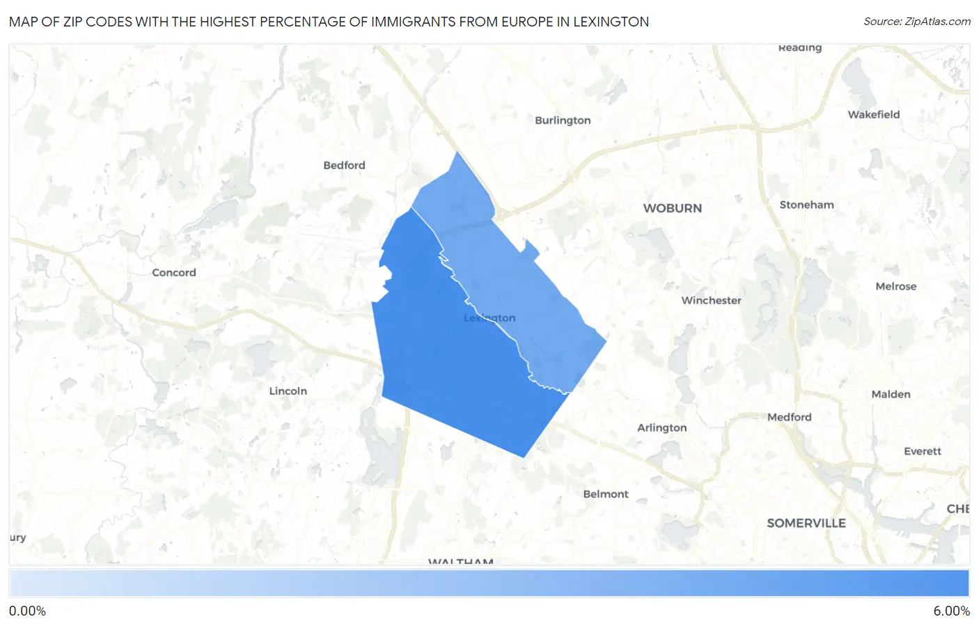 Zip Codes with the Highest Percentage of Immigrants from Europe in Lexington Map