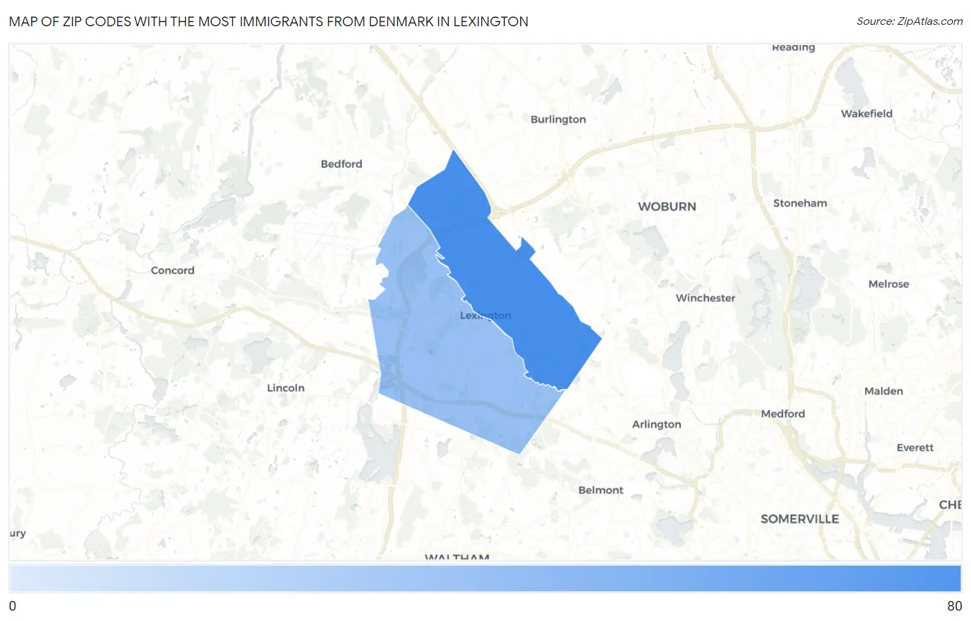 Zip Codes with the Most Immigrants from Denmark in Lexington Map