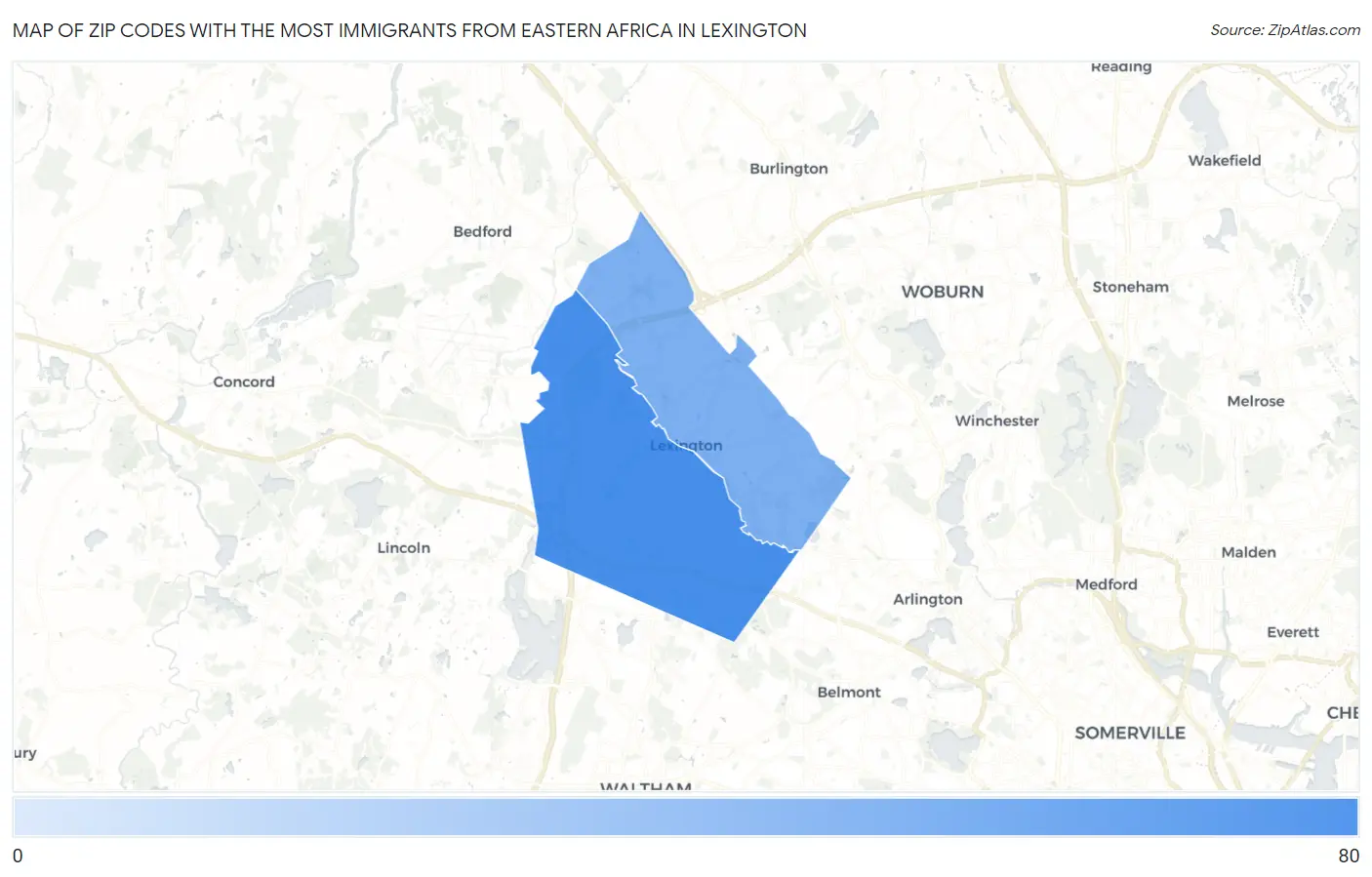Zip Codes with the Most Immigrants from Eastern Africa in Lexington Map