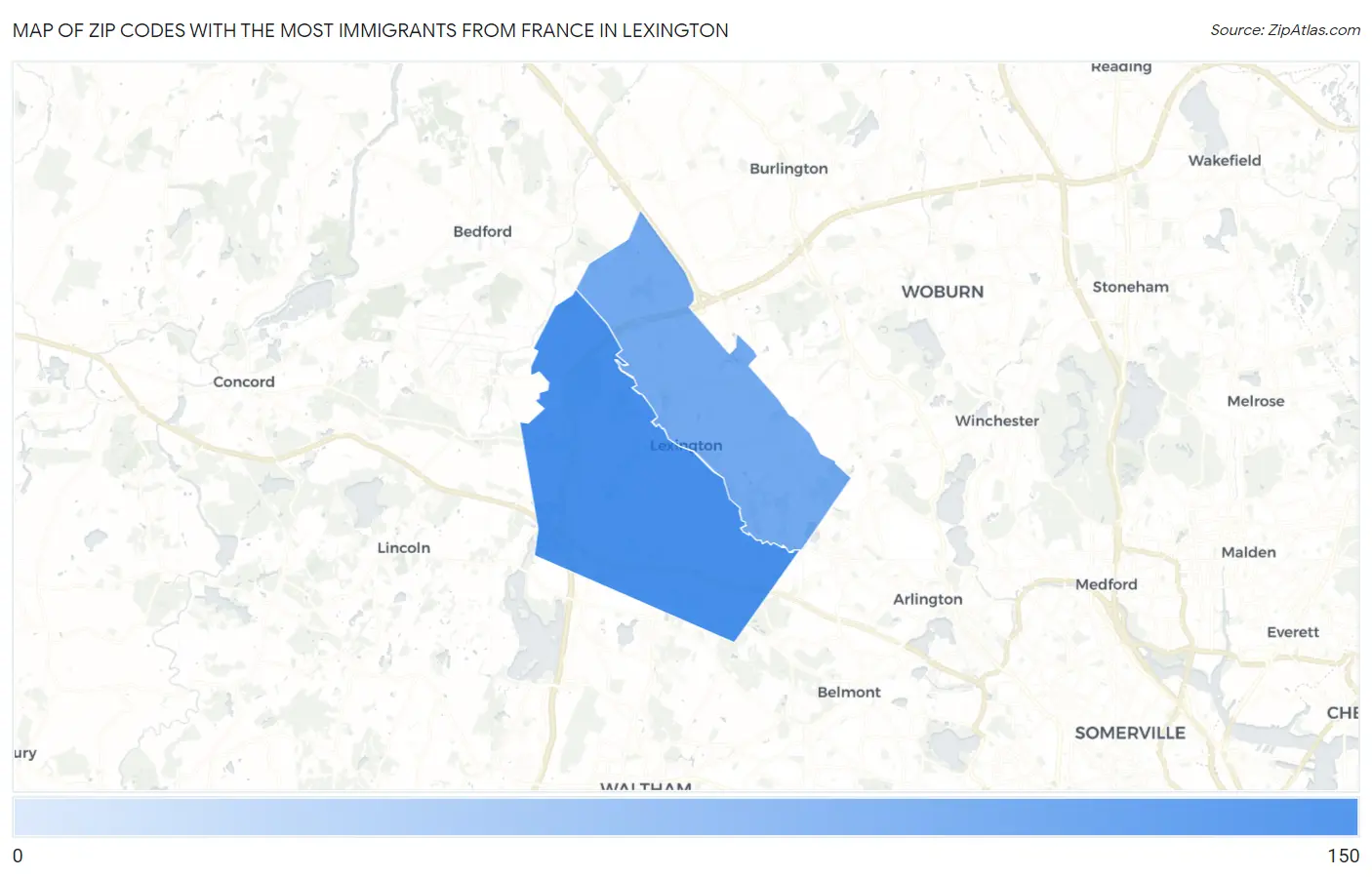 Zip Codes with the Most Immigrants from France in Lexington Map