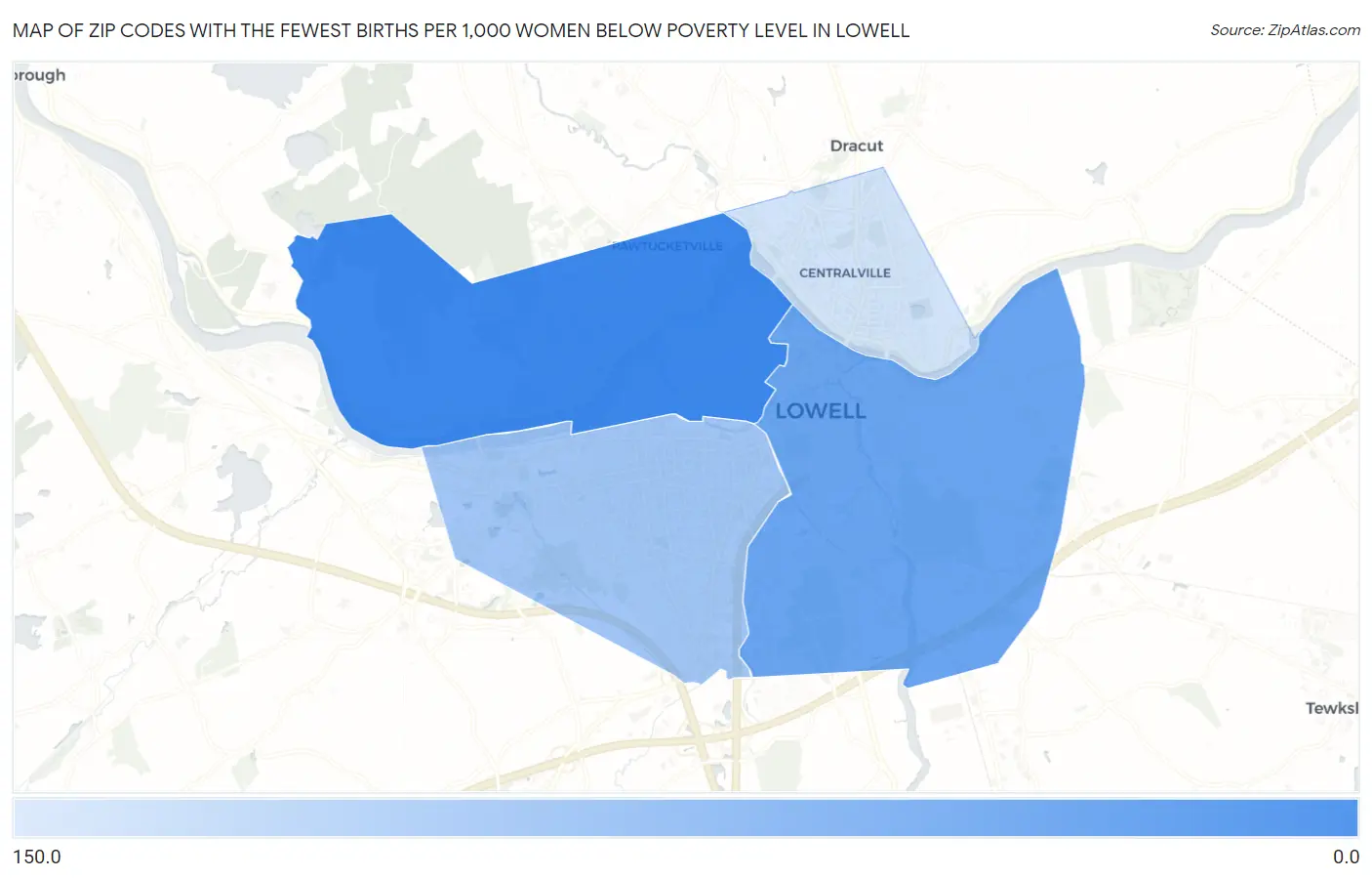 Zip Codes with the Fewest Births per 1,000 Women Below Poverty Level in Lowell Map