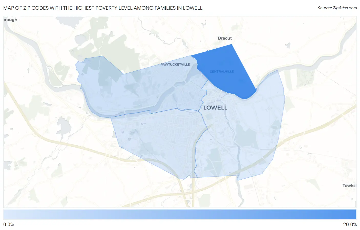 Zip Codes with the Highest Poverty Level Among Families in Lowell Map