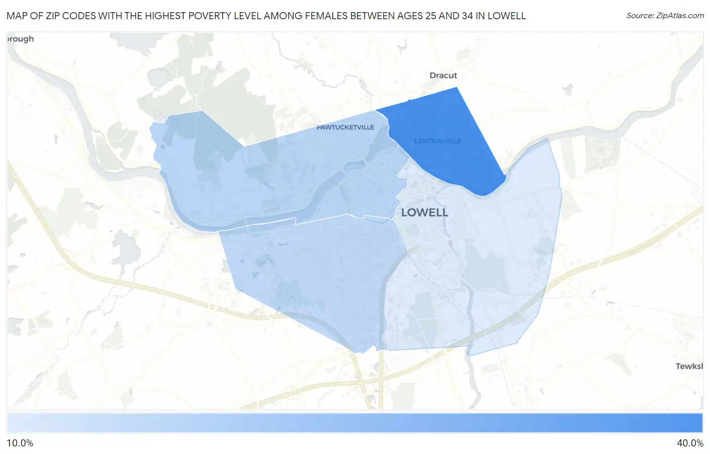 Zip Codes with the Highest Poverty Level Among Females Between Ages 25 and 34 in Lowell Map