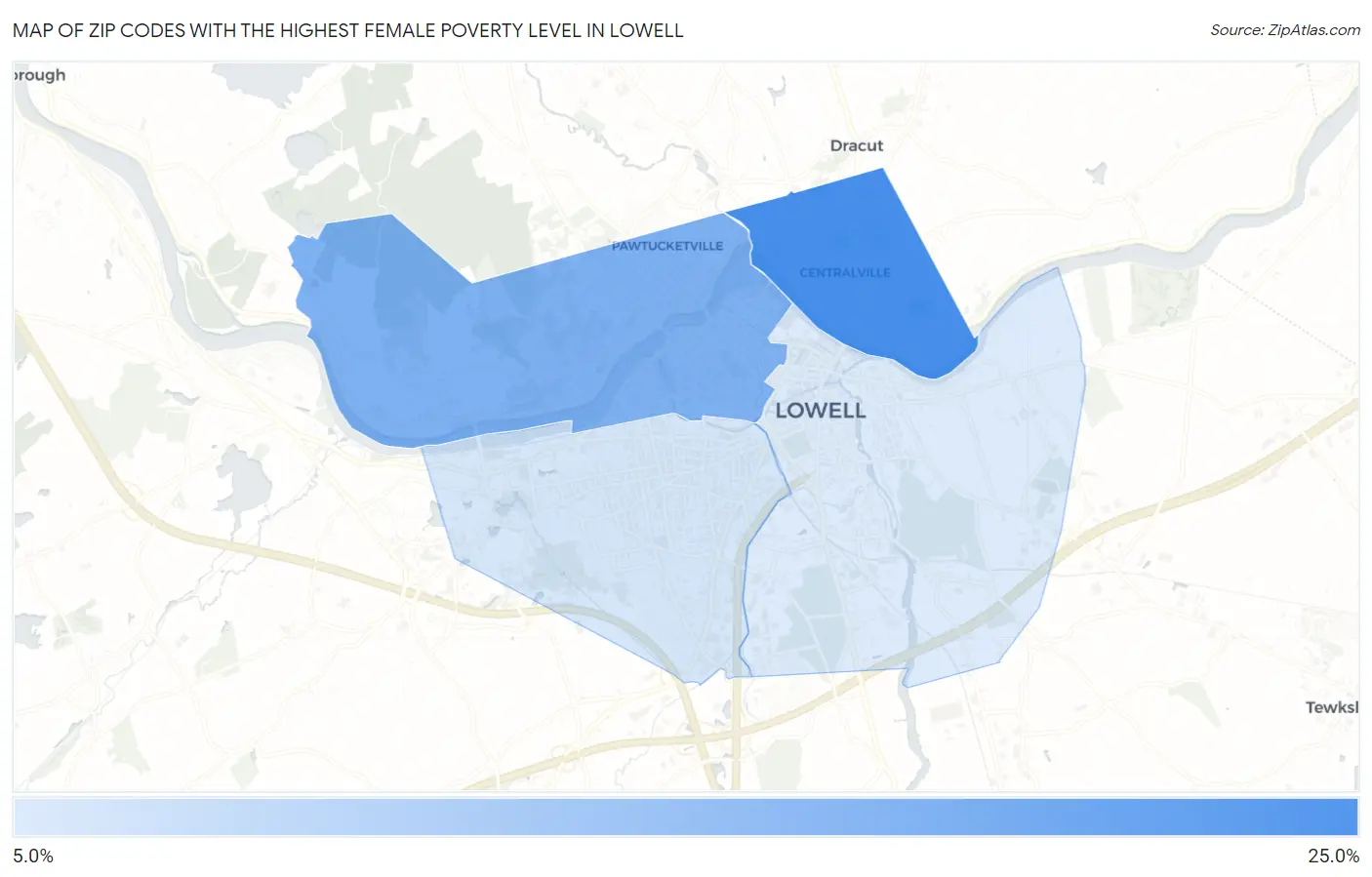 Zip Codes with the Highest Female Poverty Level in Lowell Map