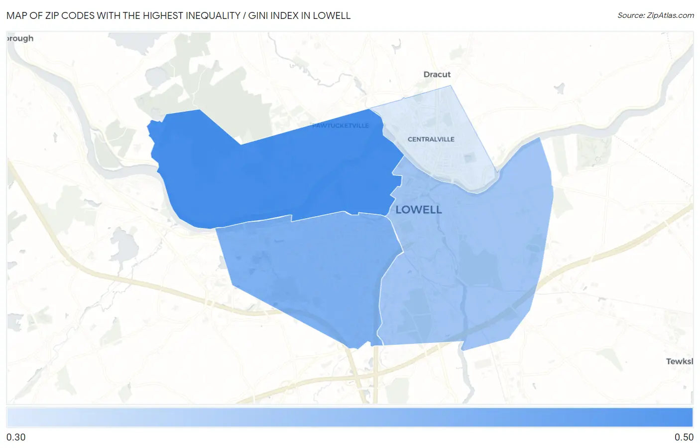 Zip Codes with the Highest Inequality / Gini Index in Lowell Map