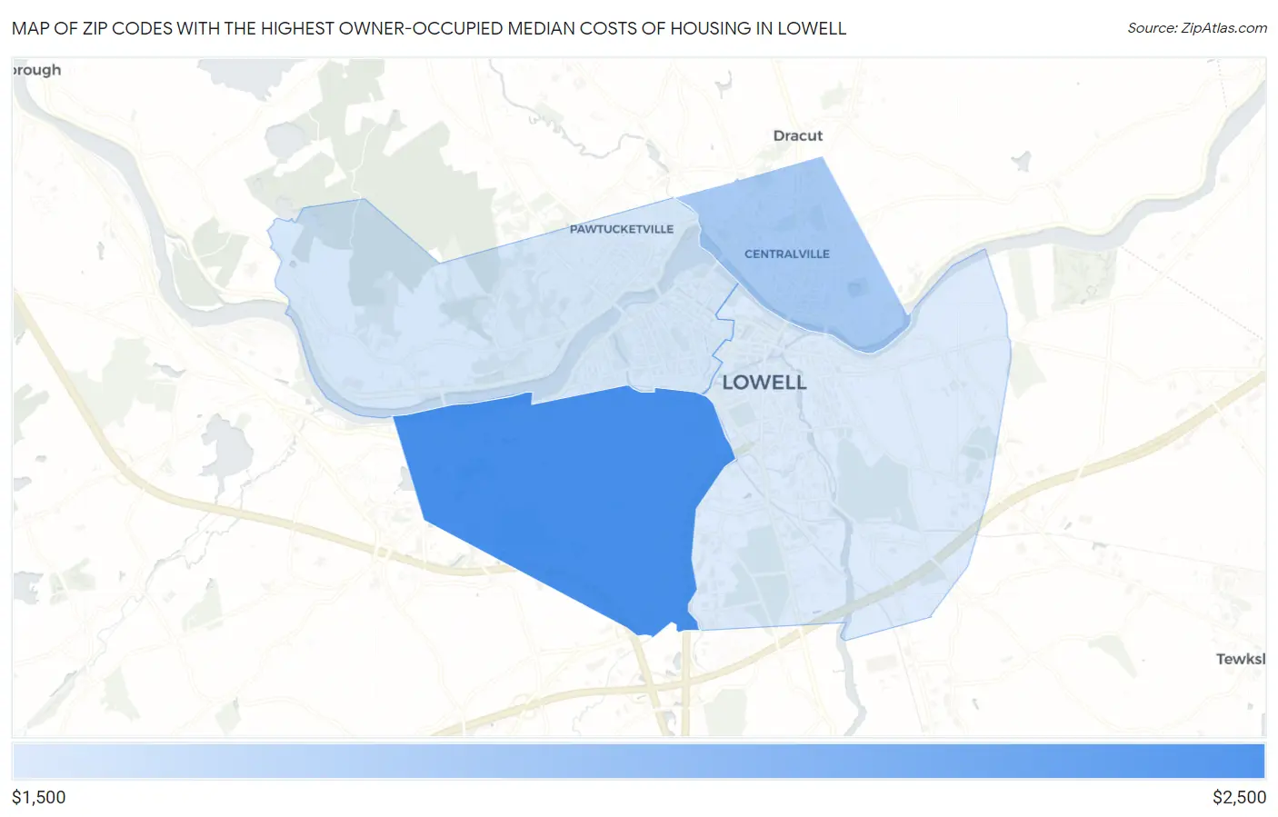 Zip Codes with the Highest Owner-Occupied Median Costs of Housing in Lowell Map