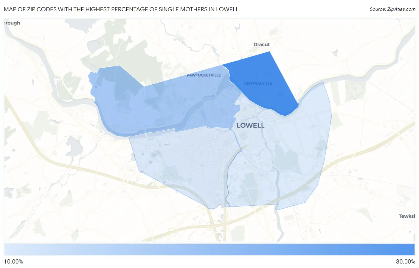 Zip Codes with the Highest Percentage of Single Mothers in Lowell Map
