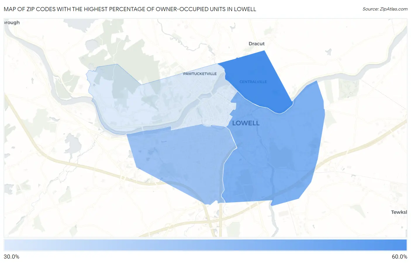 Zip Codes with the Highest Percentage of Owner-Occupied Units in Lowell Map