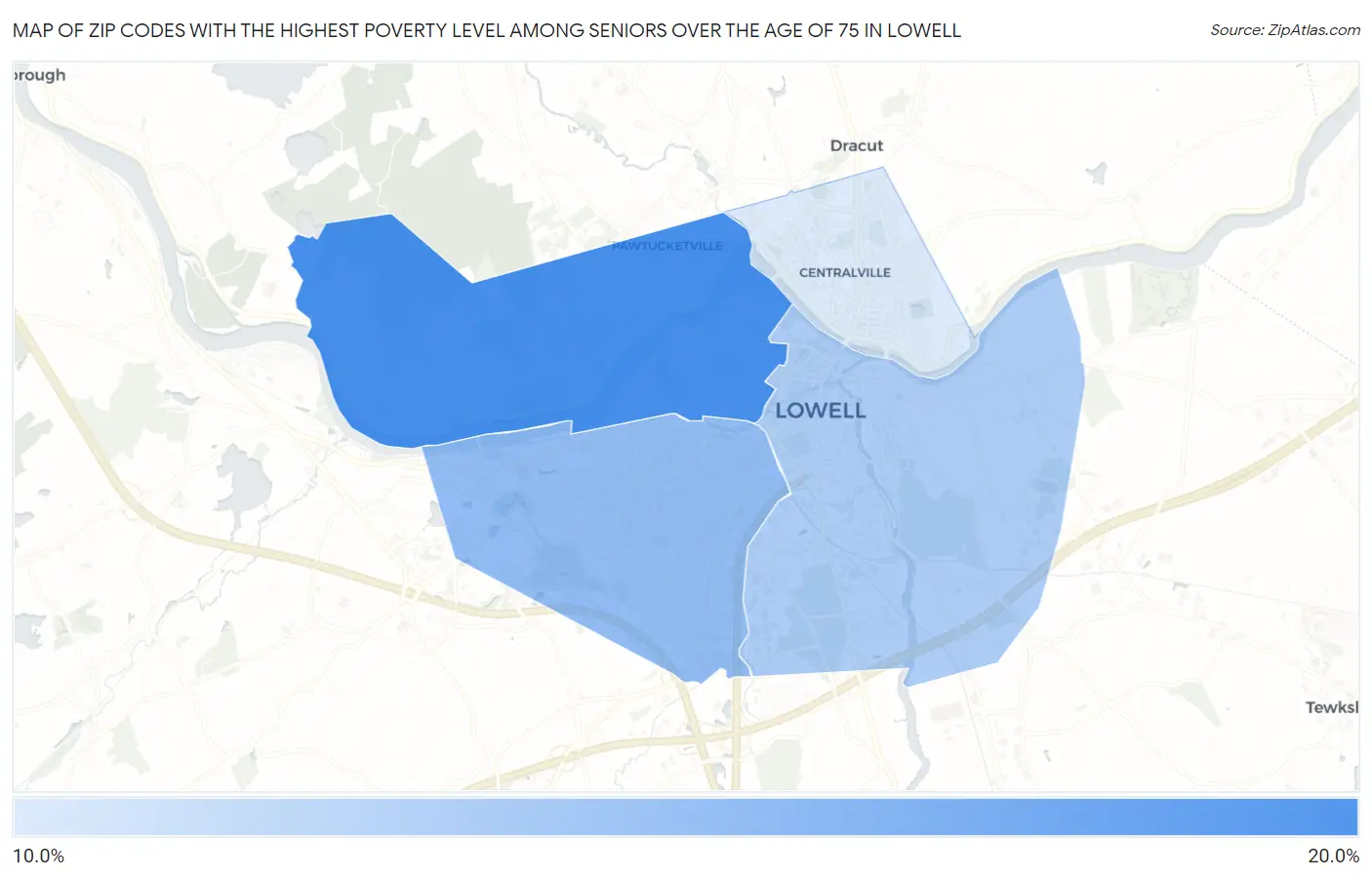 Zip Codes with the Highest Poverty Level Among Seniors Over the Age of 75 in Lowell Map