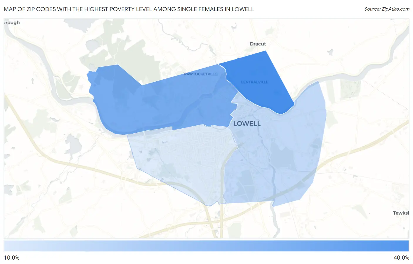 Zip Codes with the Highest Poverty Level Among Single Females in Lowell Map