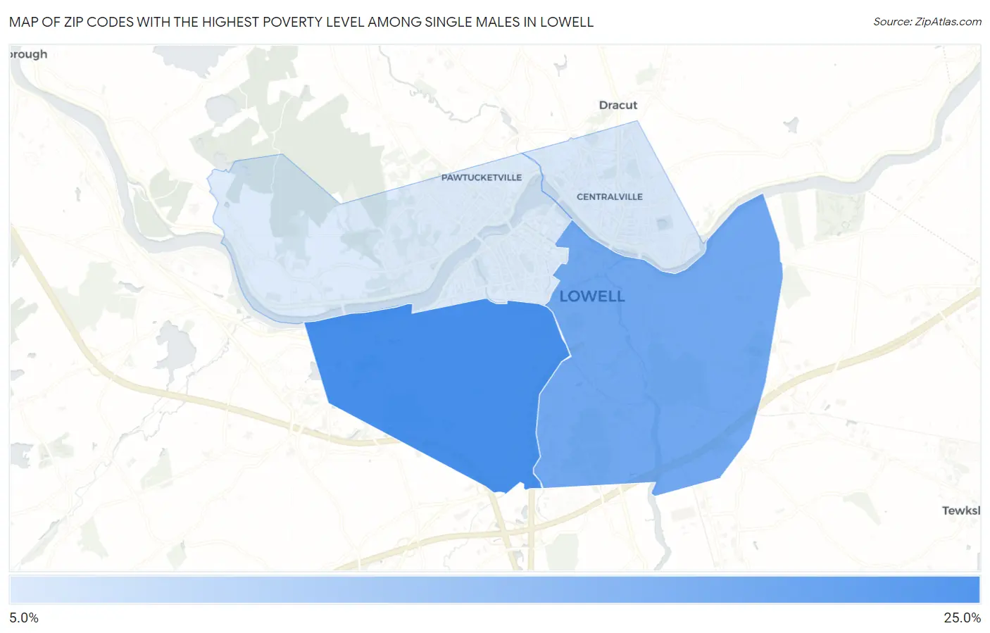 Zip Codes with the Highest Poverty Level Among Single Males in Lowell Map