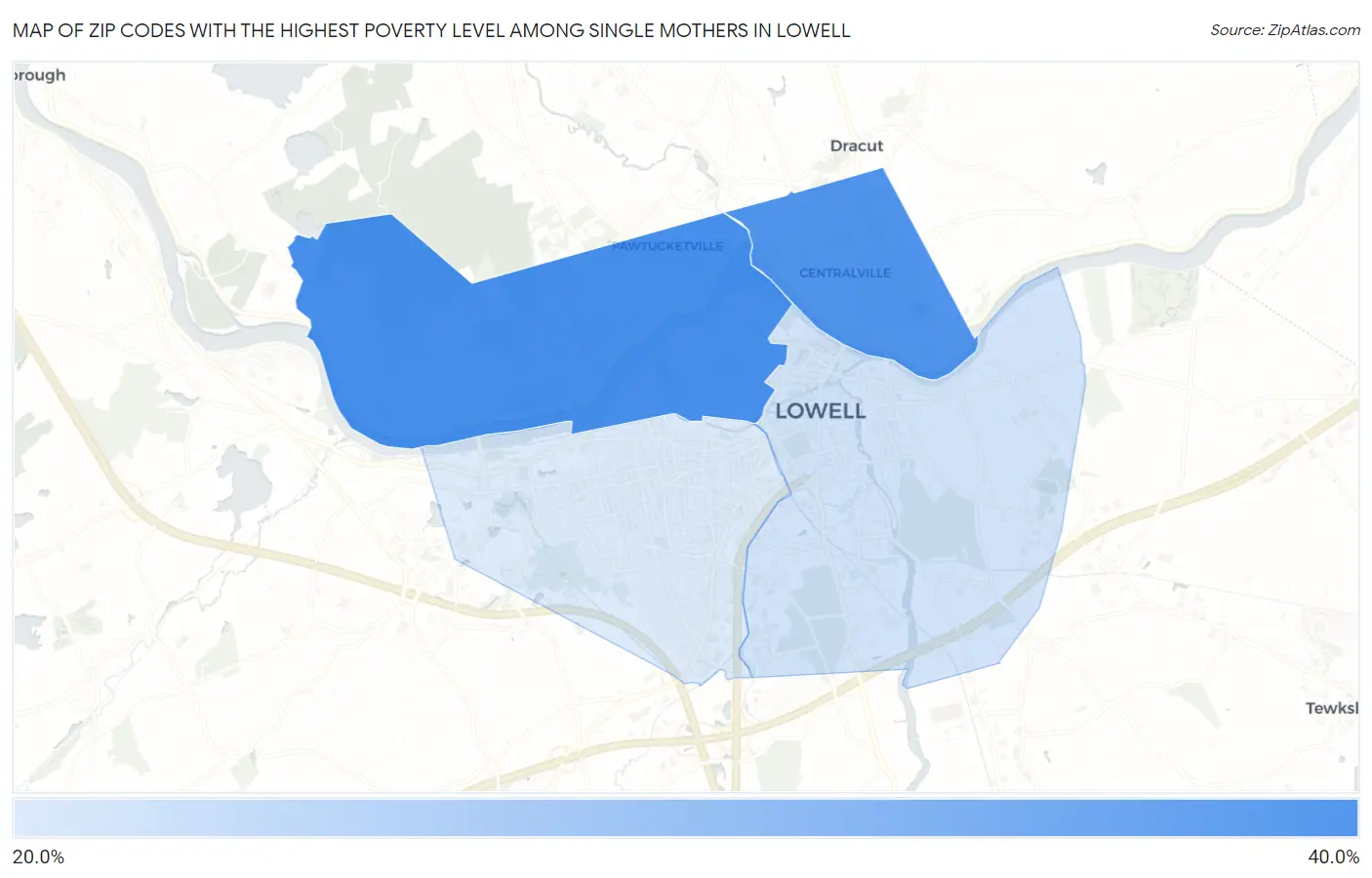 Zip Codes with the Highest Poverty Level Among Single Mothers in Lowell Map