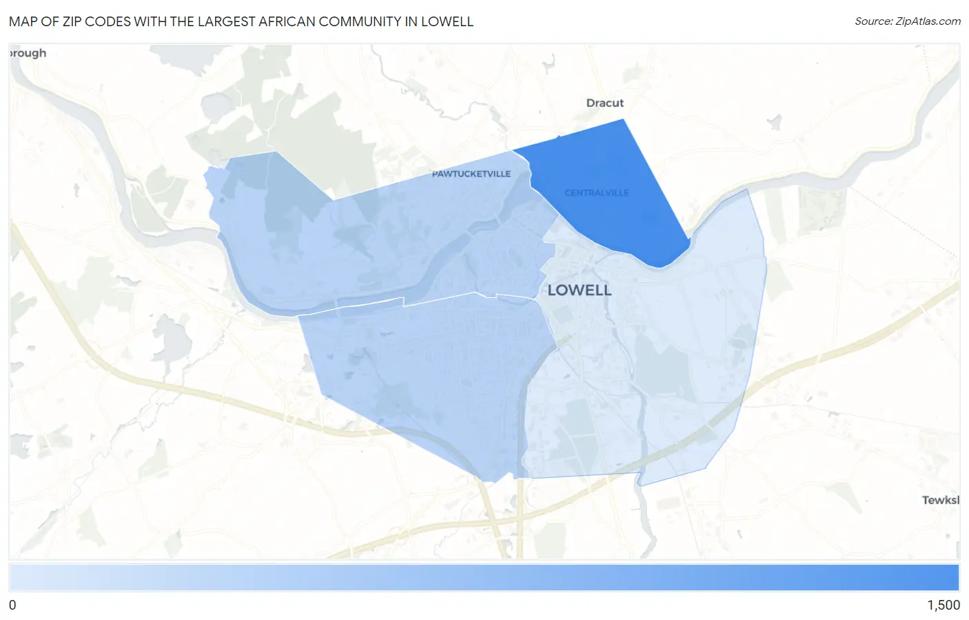 Zip Codes with the Largest African Community in Lowell Map