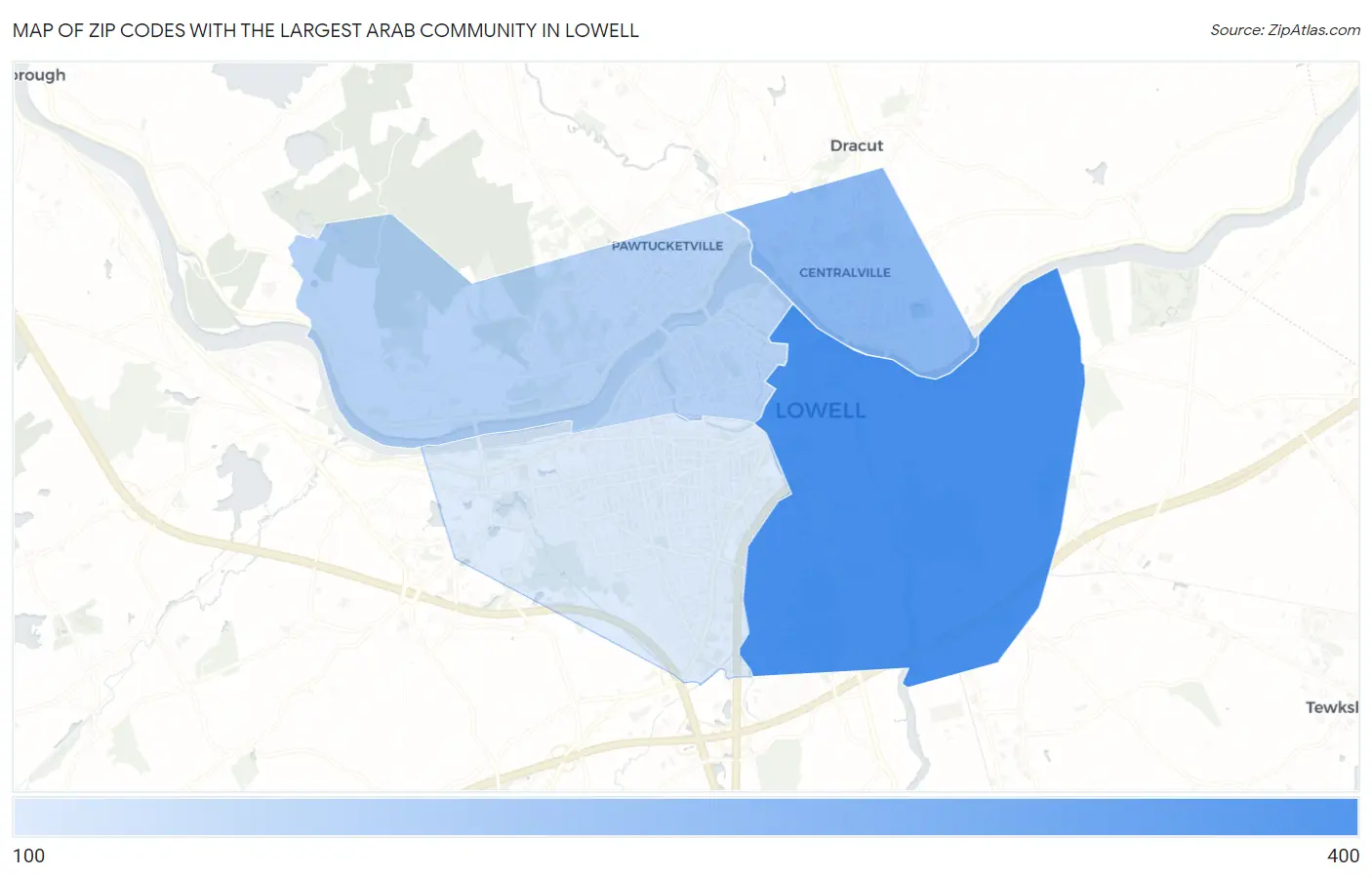 Zip Codes with the Largest Arab Community in Lowell Map