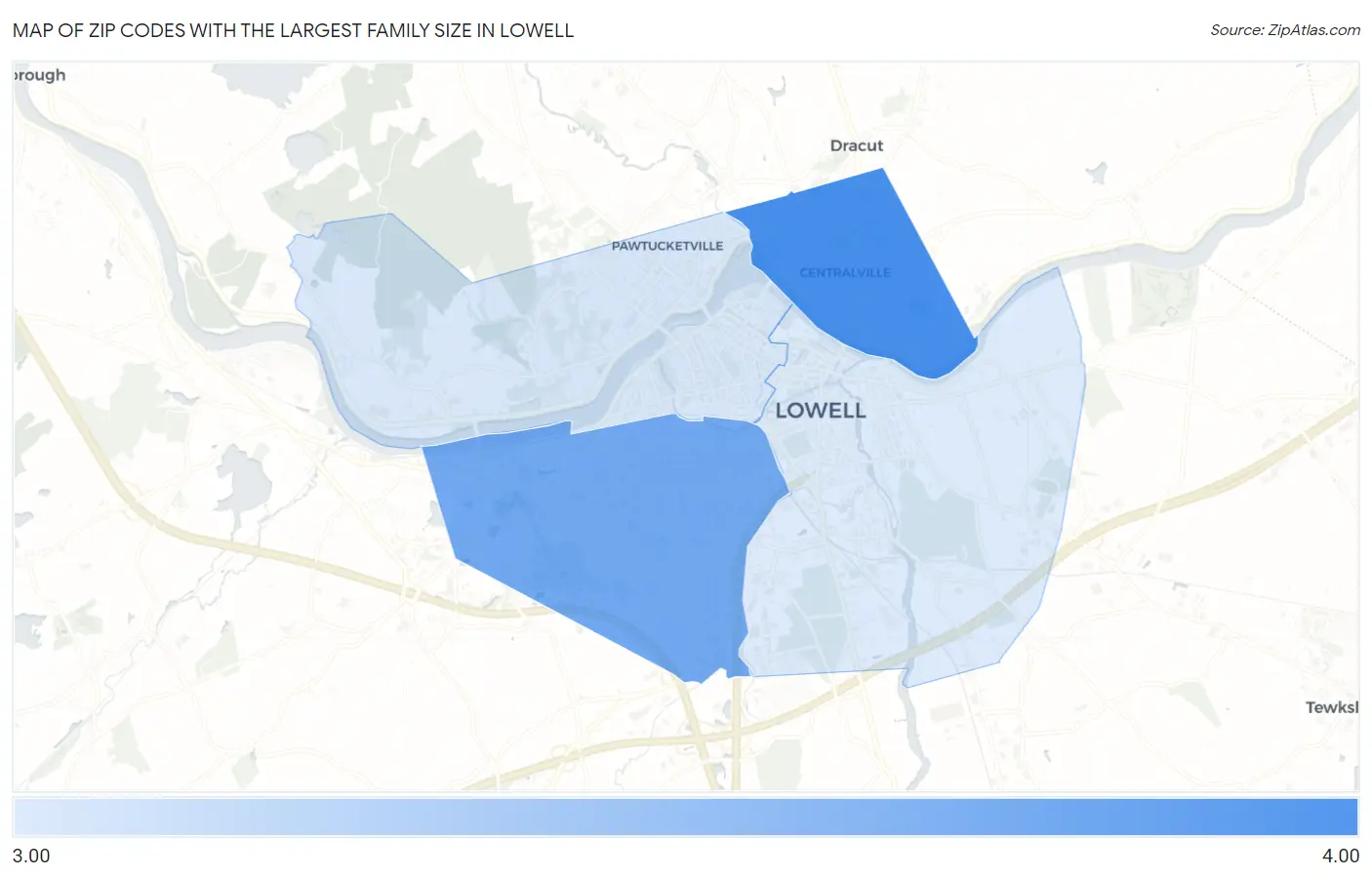 Zip Codes with the Largest Family Size in Lowell Map