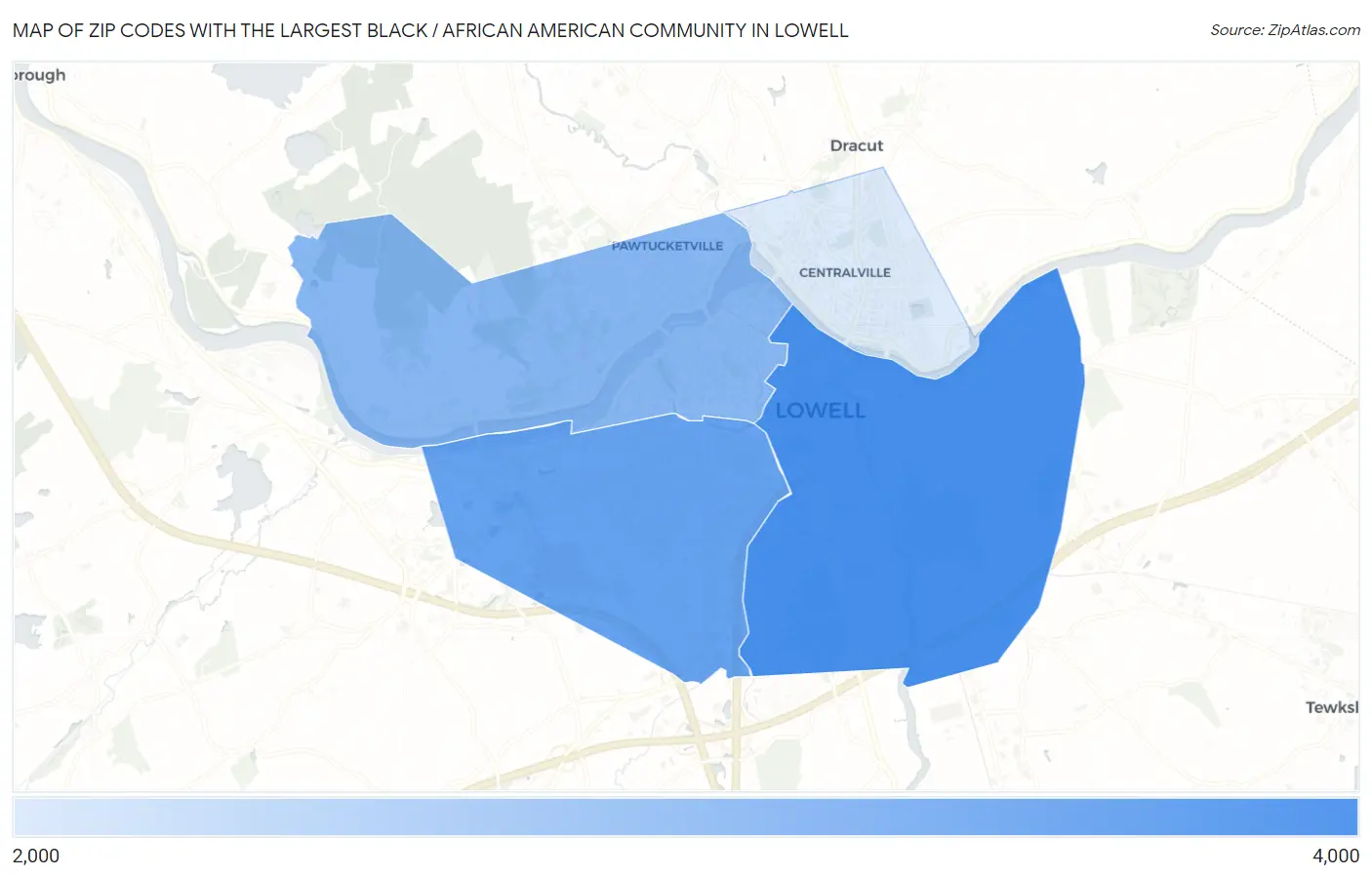 Zip Codes with the Largest Black / African American Community in Lowell Map
