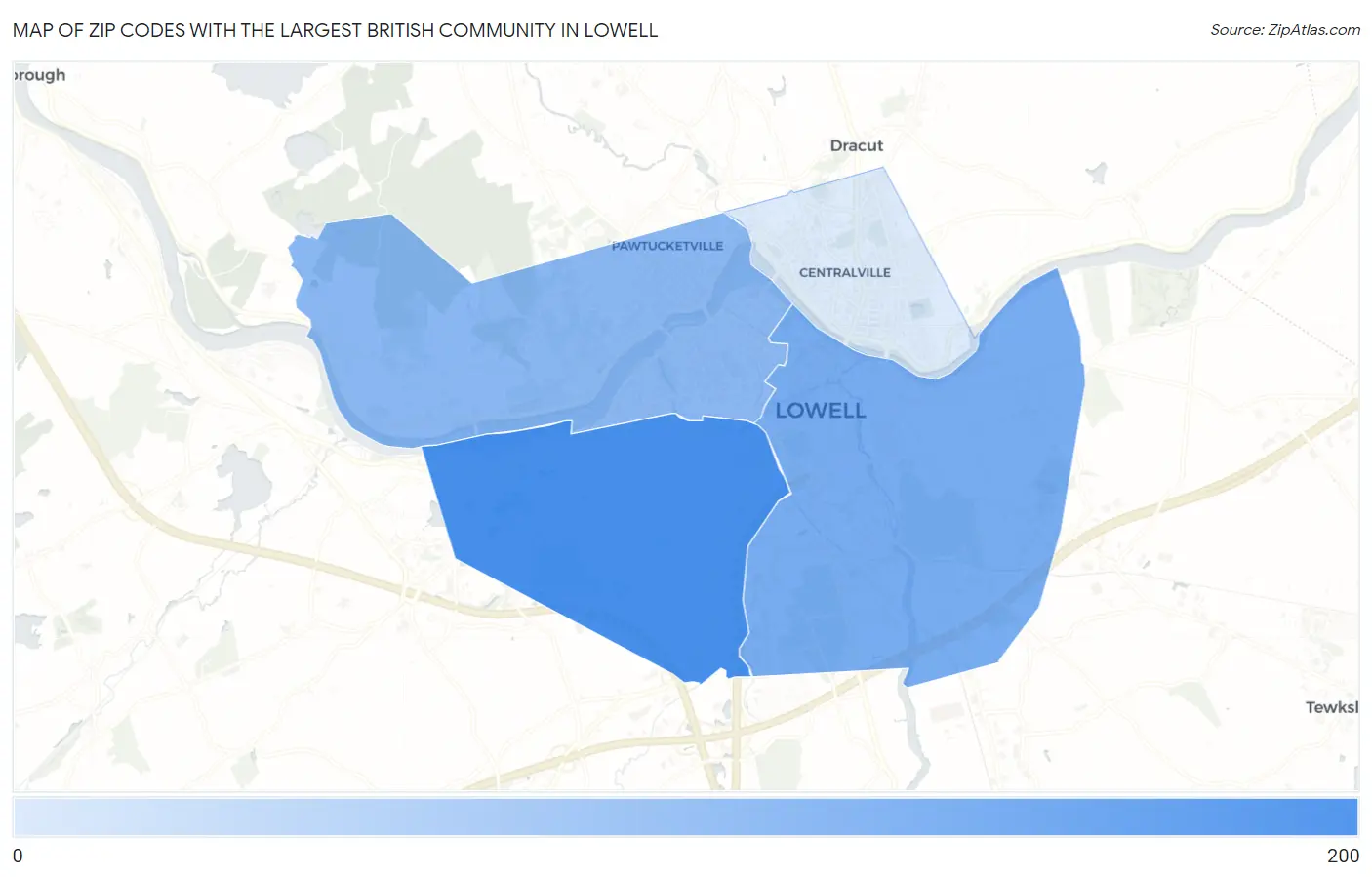 Zip Codes with the Largest British Community in Lowell Map