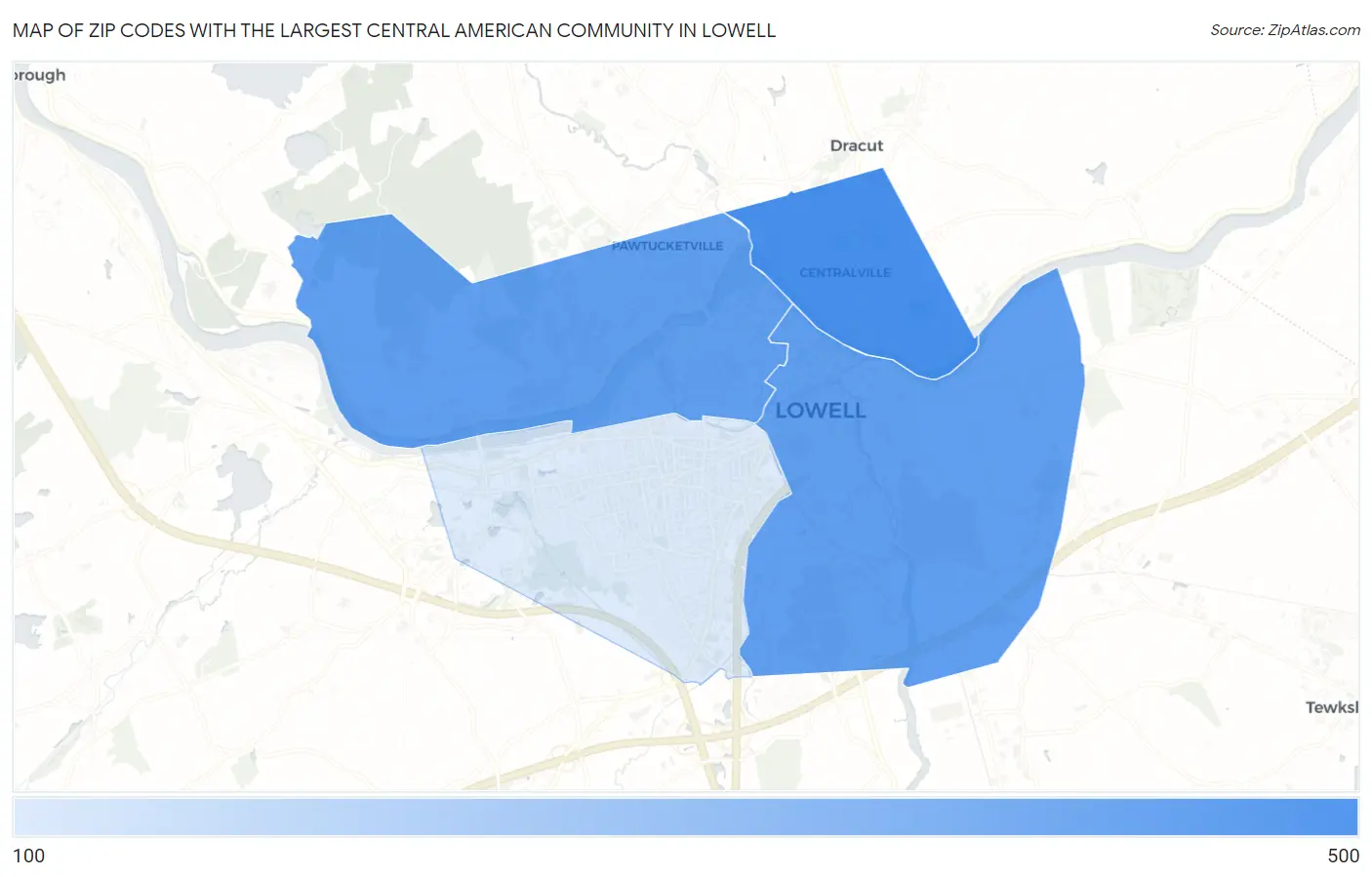 Zip Codes with the Largest Central American Community in Lowell Map
