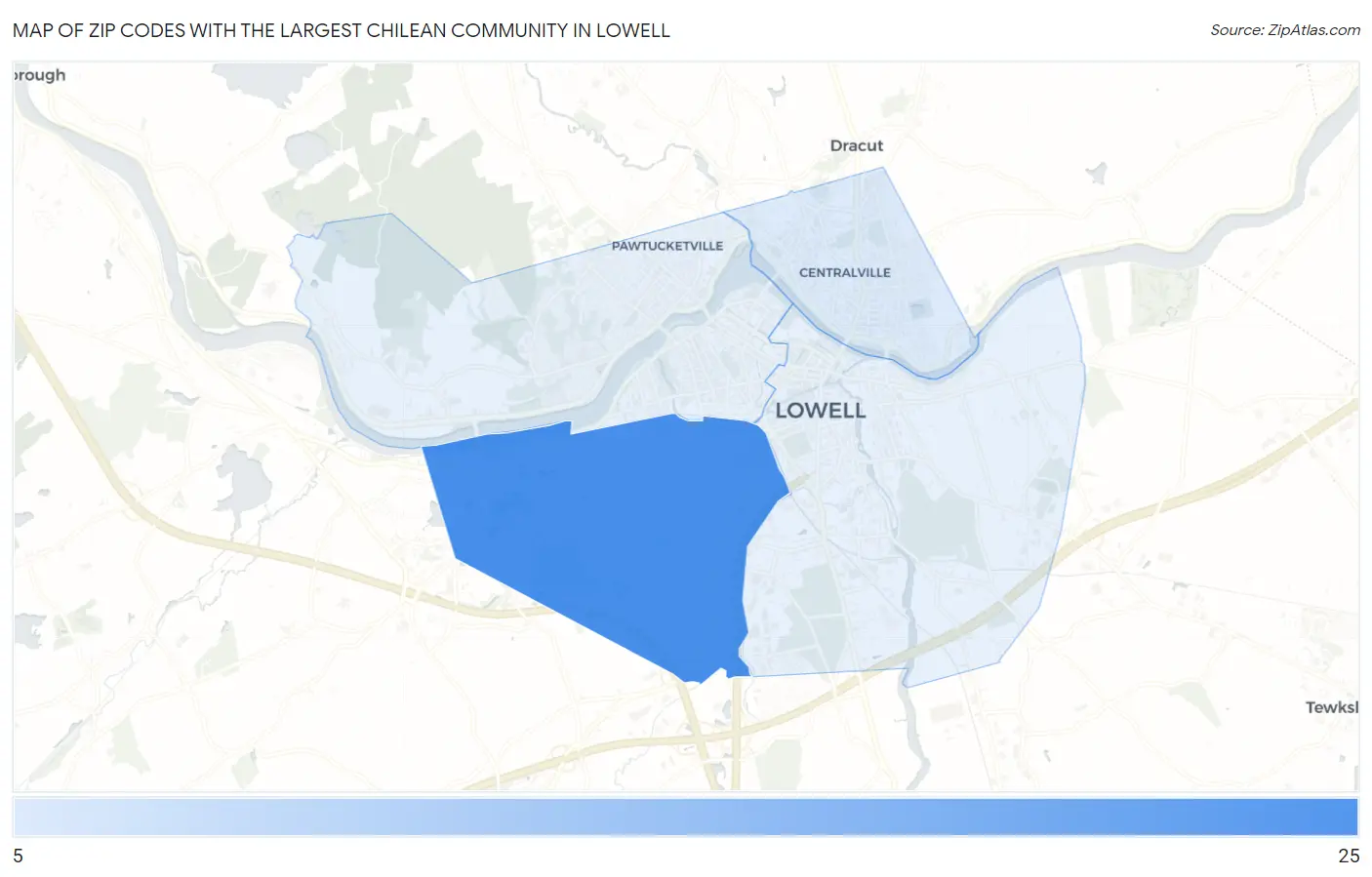 Zip Codes with the Largest Chilean Community in Lowell Map