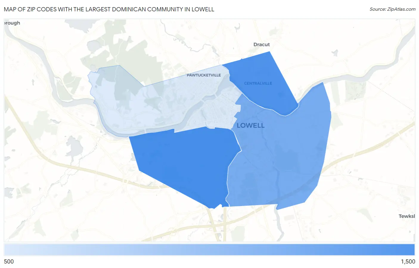 Zip Codes with the Largest Dominican Community in Lowell Map
