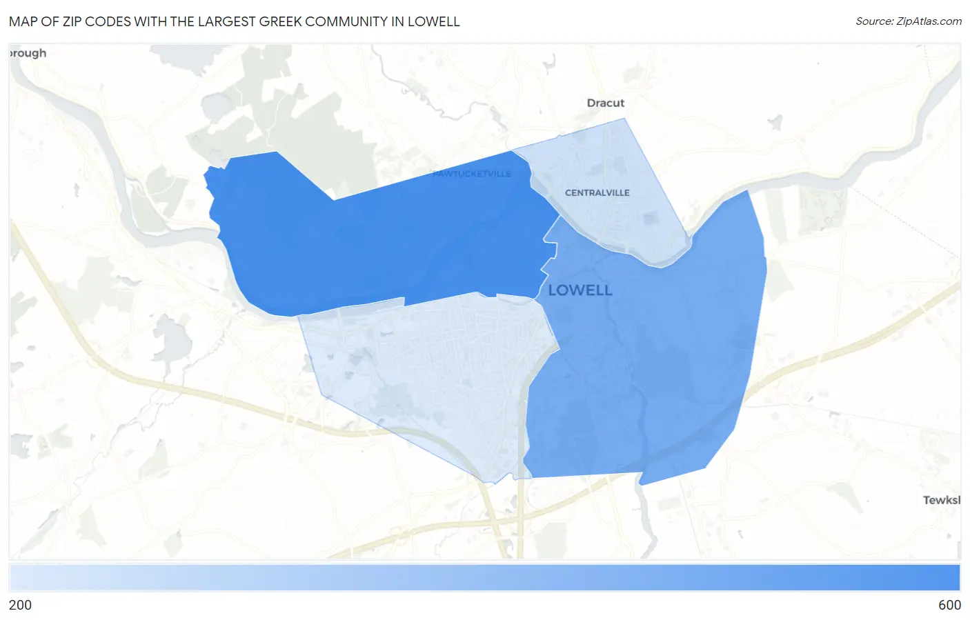 Zip Codes with the Largest Greek Community in Lowell Map